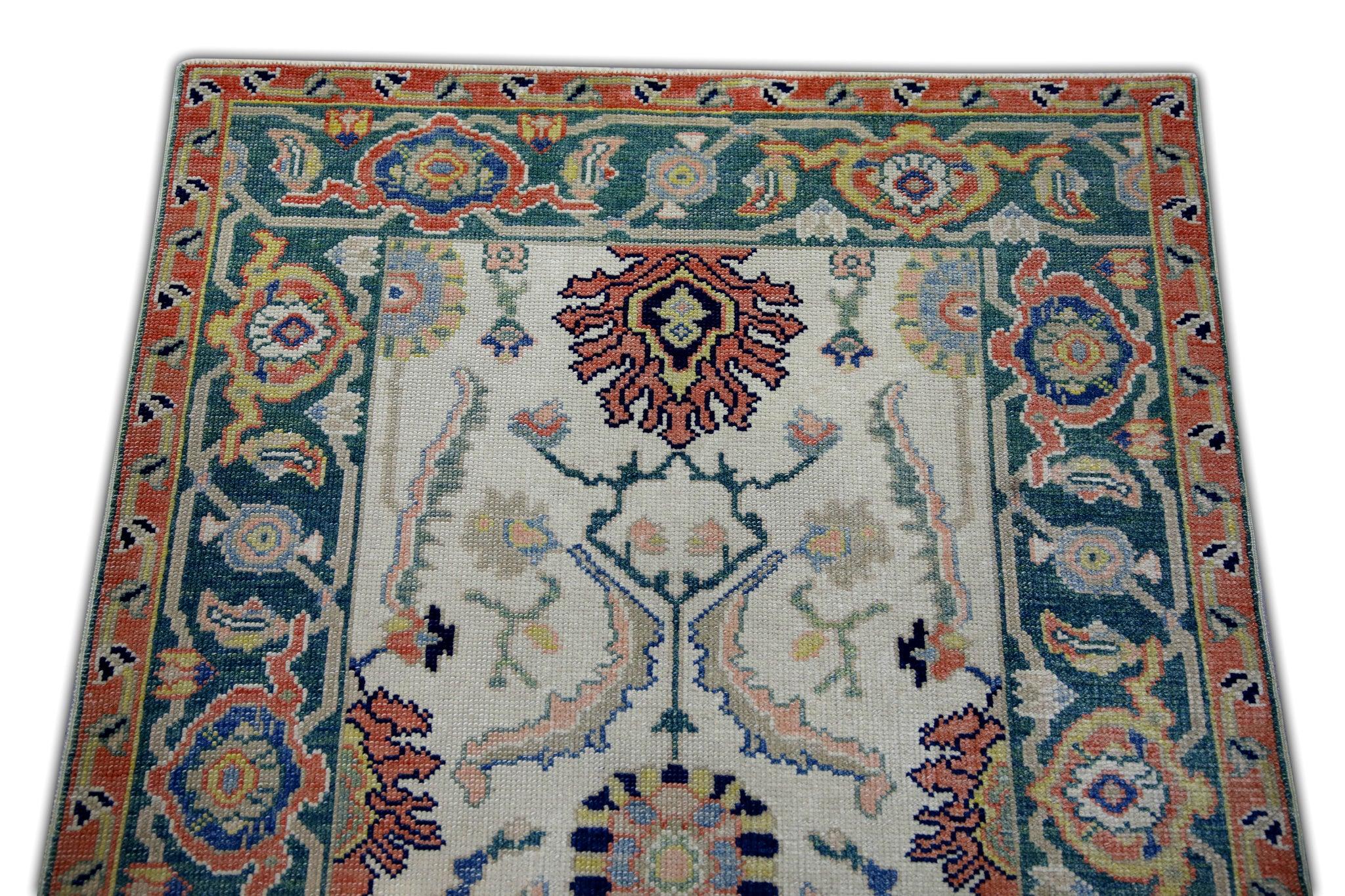 Floral Wool Turkish Finewoven Oushak Rug in Red, Cream, and Green 2'7