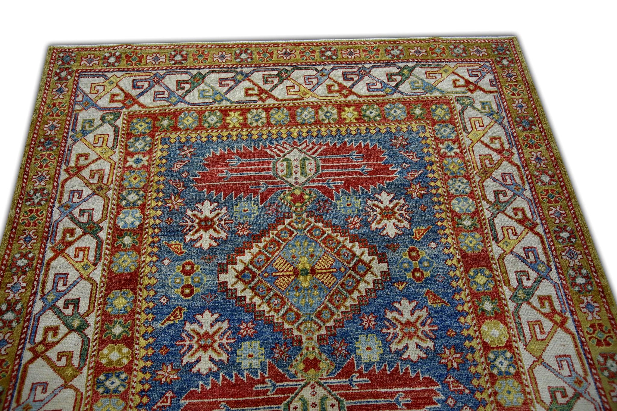 Blue Floral Design Handwoven Wool Turkish Finewoven Oushak Rug 4'10