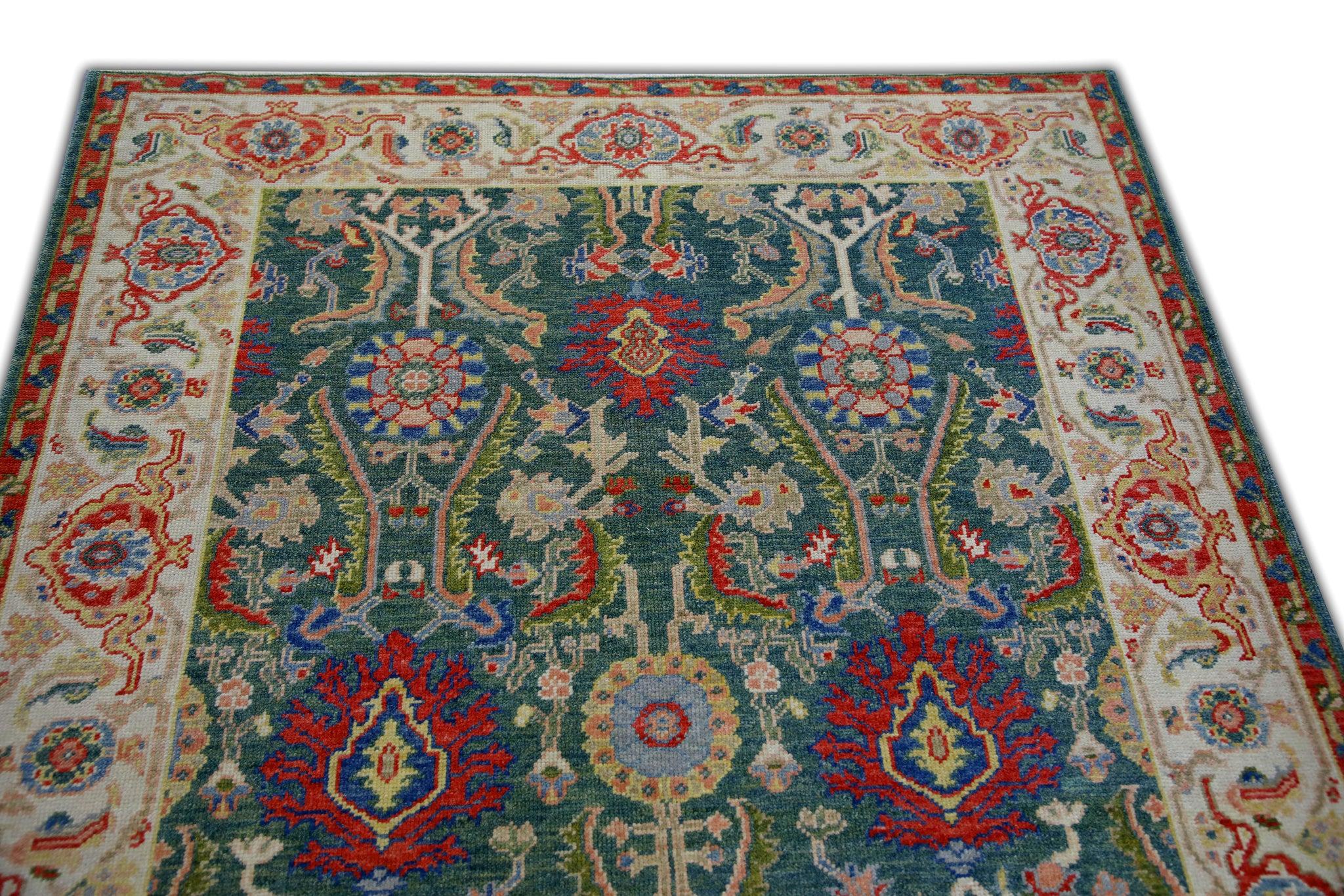 Green & Red Floral Design Handwoven Wool Turkish Finewoven Oushak Rug 4'3 x 6'3 In New Condition For Sale In Houston, TX
