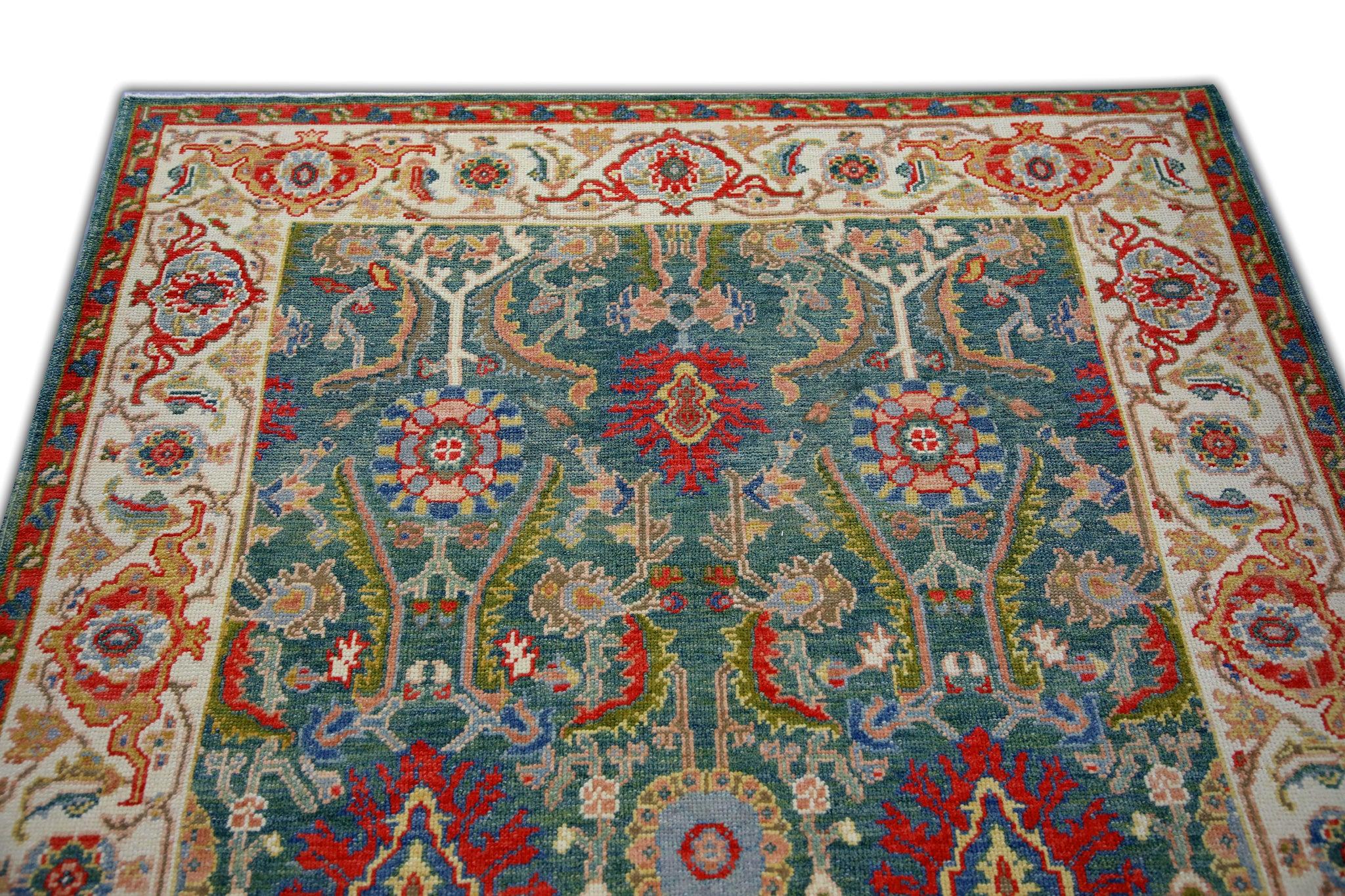 Green & Red Floral Design Handwoven Wool Turkish Finewoven Oushak Rug 4'3 x 6'7 In New Condition For Sale In Houston, TX