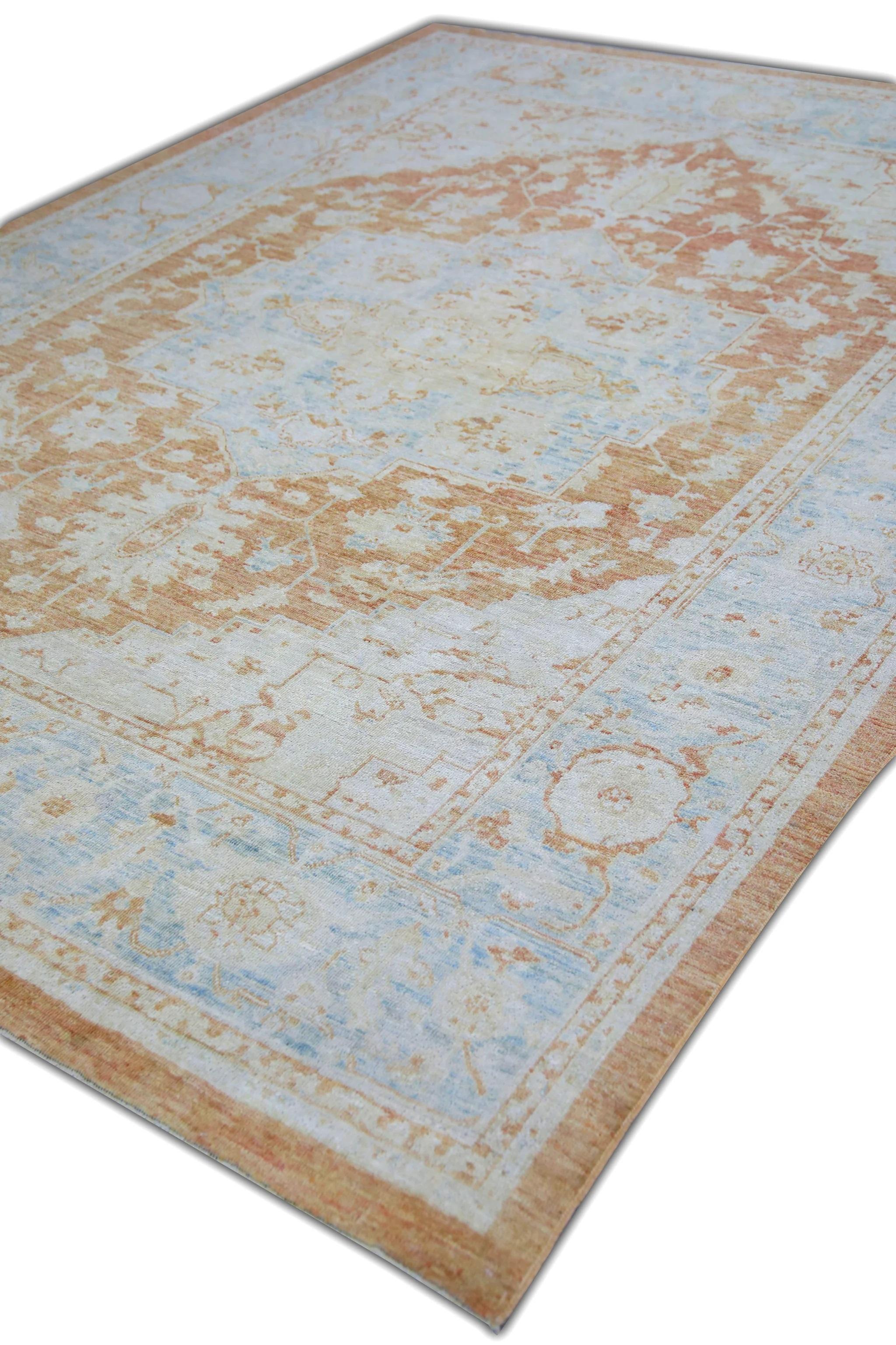 Contemporary Floral Turkish Finewoven Wool Oushak Rug in Baby Blue and Salmon 7'9
