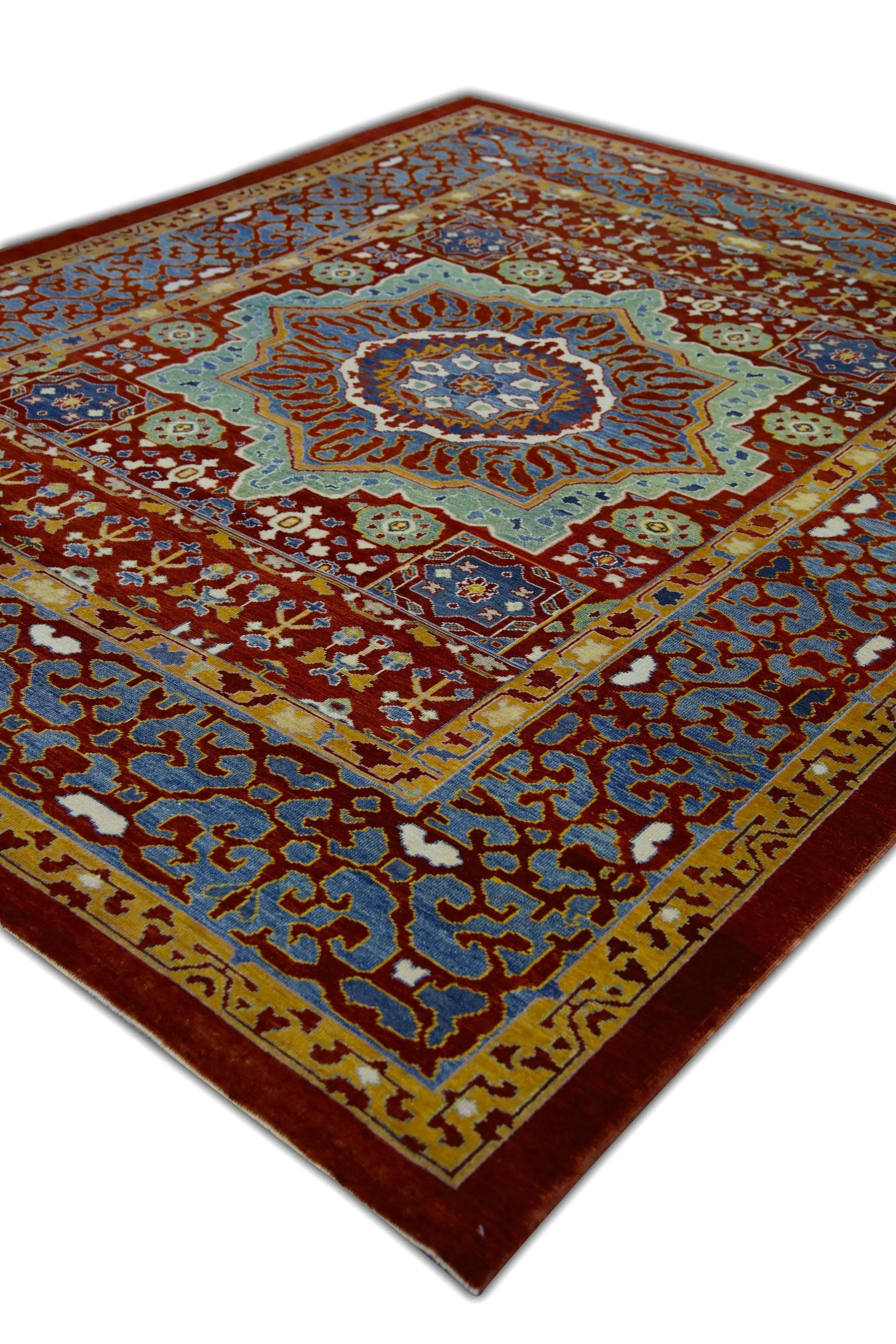 Contemporary Red and Blue Floral Pattern Turkish Finewoven Wool Oushak Rug 8'2