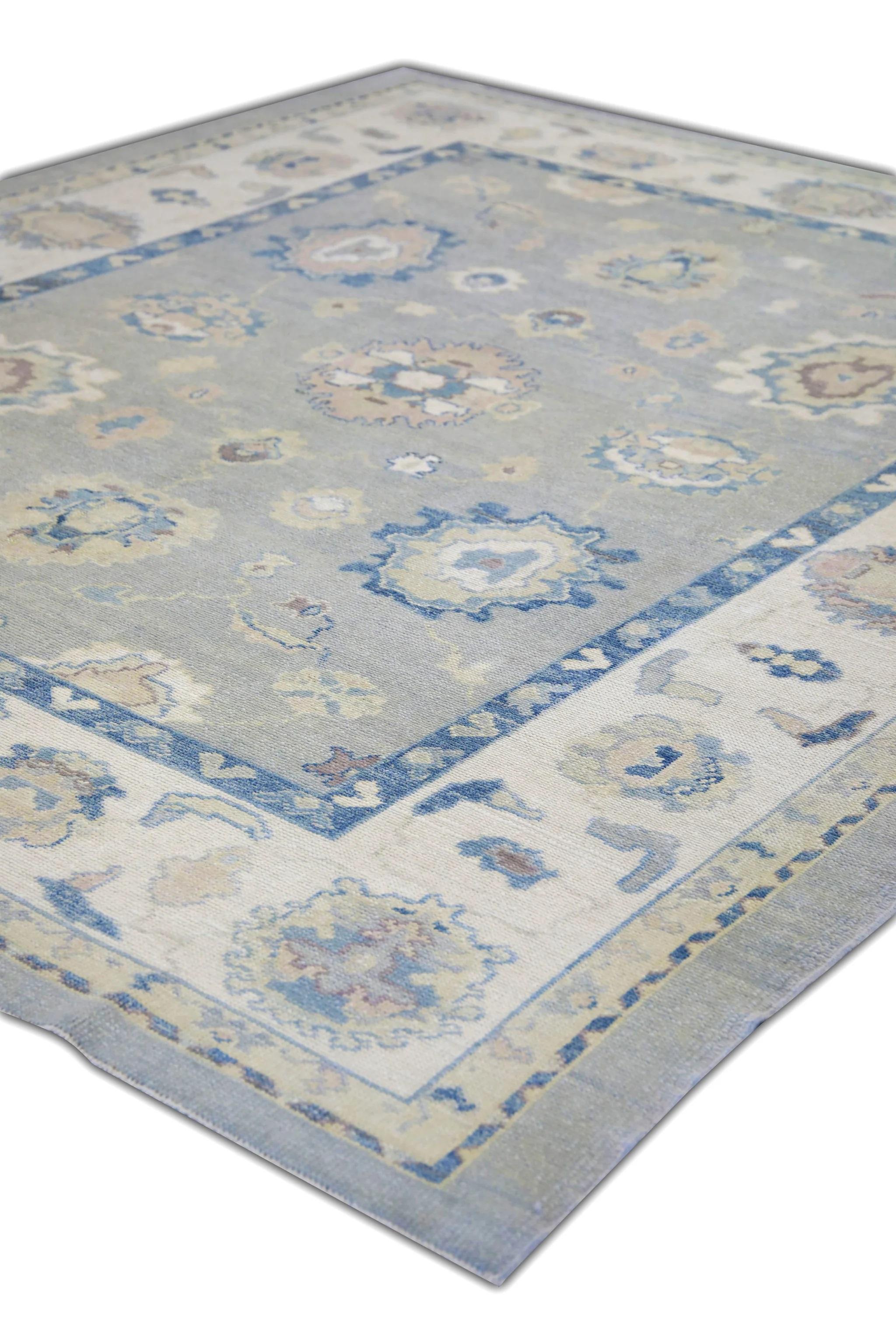 Contemporary Handwoven Wool Floral Turkish Oushak Rug in Shades of Blue 9' x 10'6