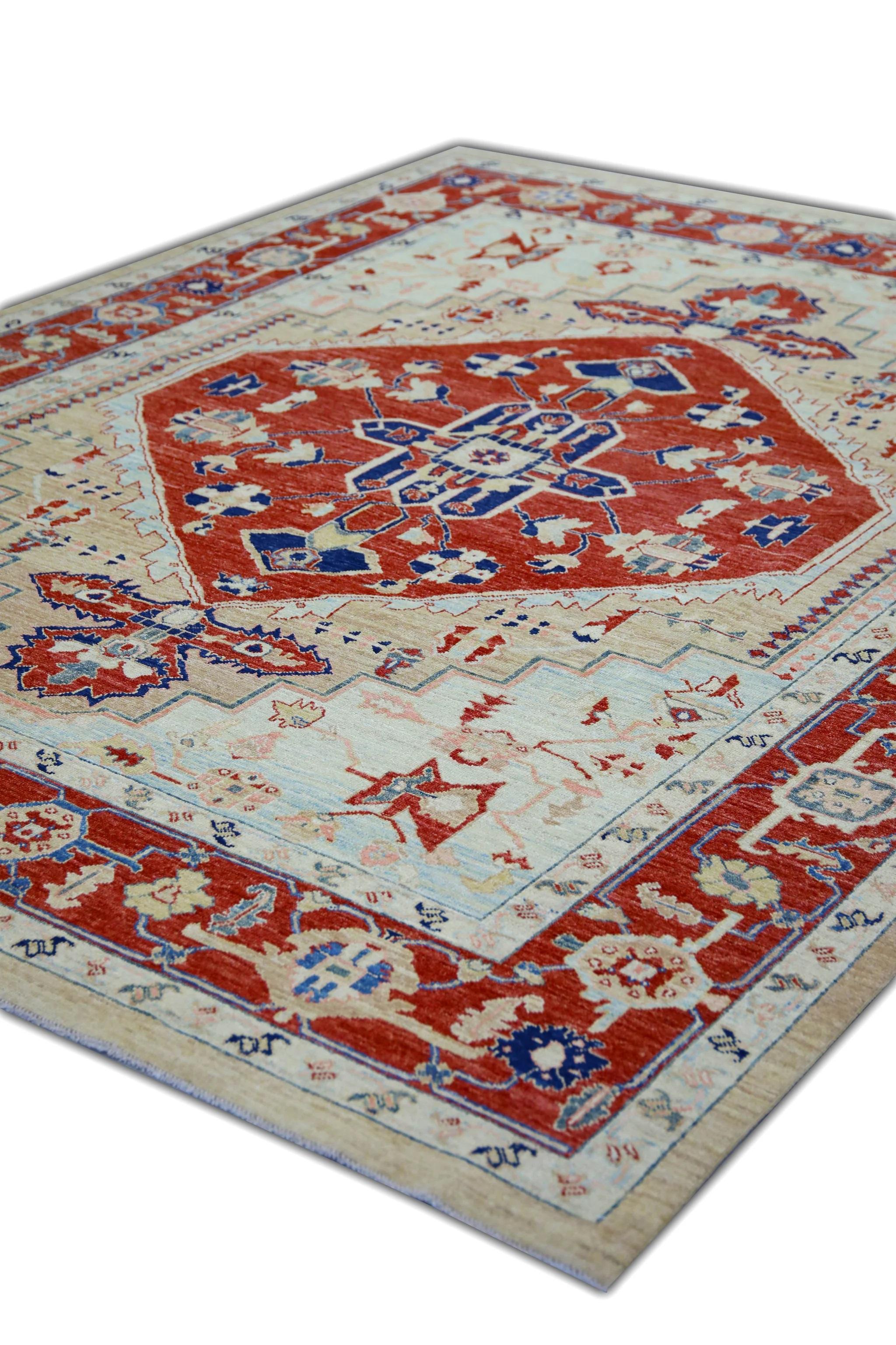 Contemporary Floral Turkish Finewoven Wool Oushak Rug in Bright Red and Blue 7'10
