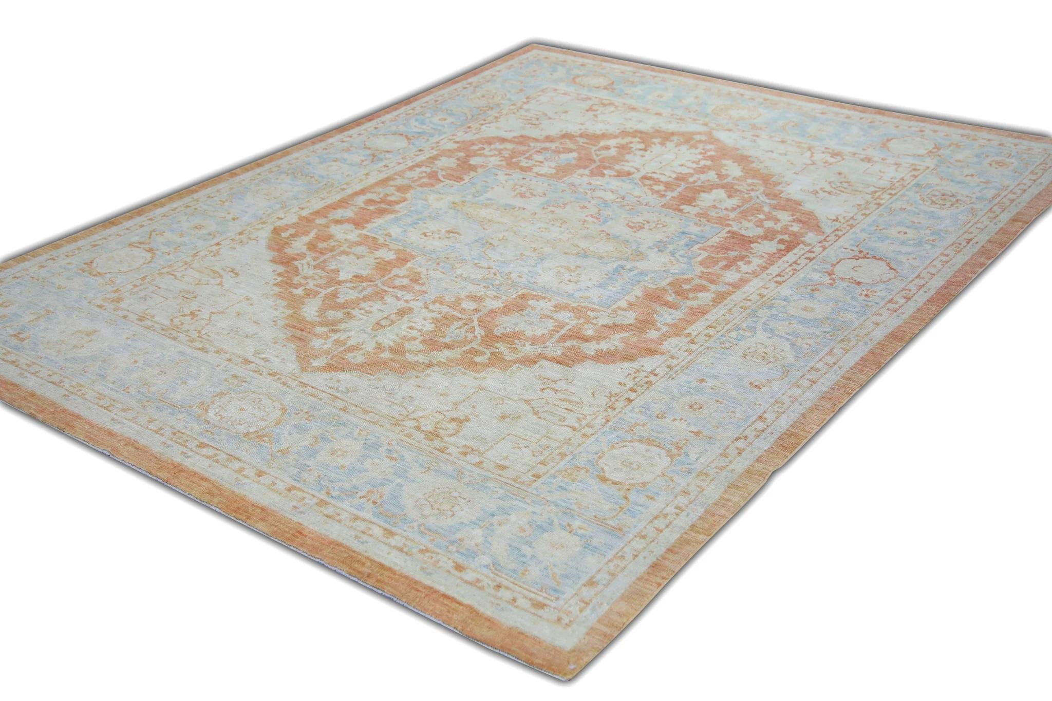 Contemporary Floral Turkish Finewoven Wool Oushak Rug in Salmon Pink and Baby Blue 6'2