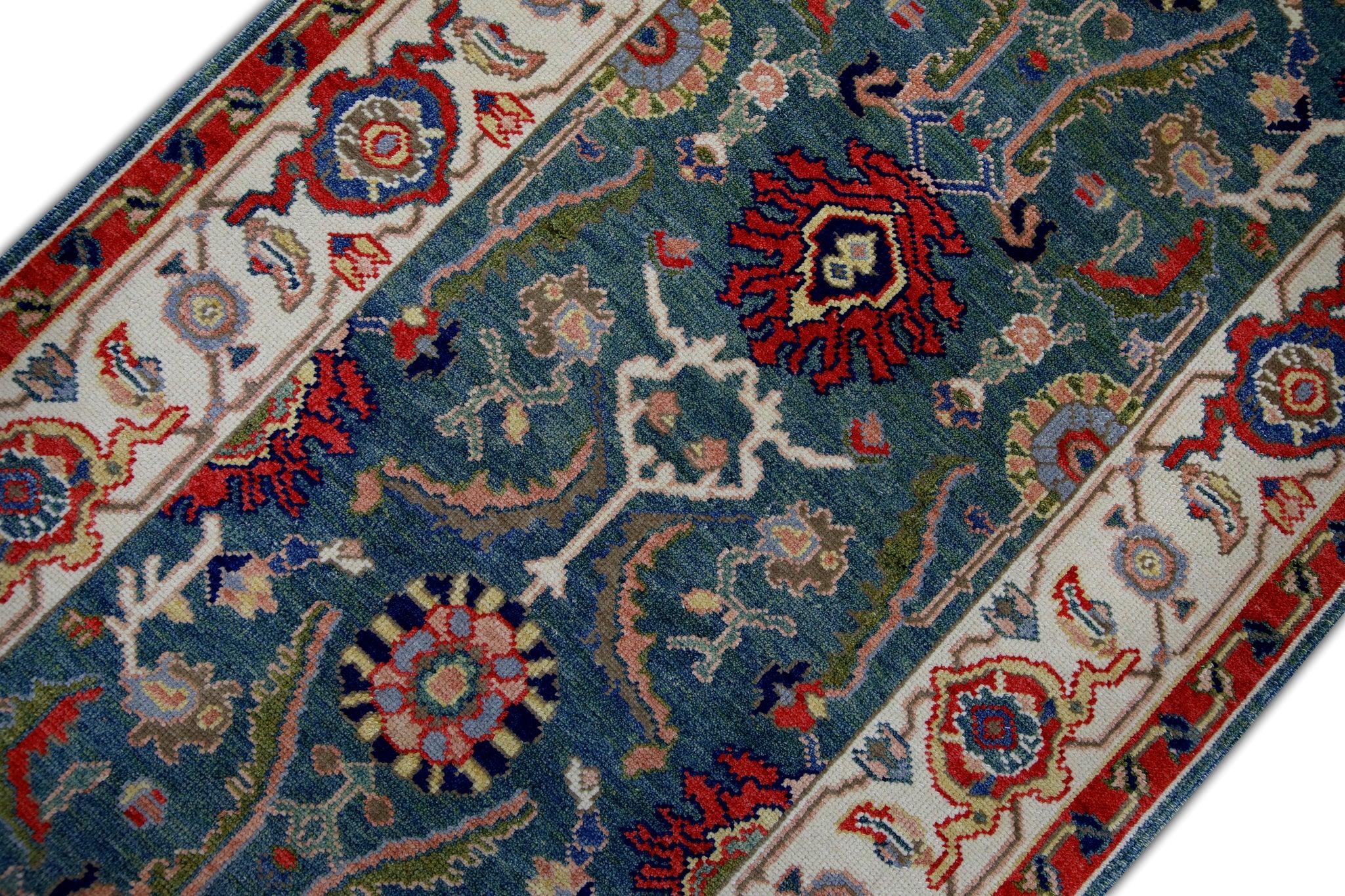 Contemporary Floral Turkish Finewoven Wool Oushak Rug in Red, Green, and Blue 2'9
