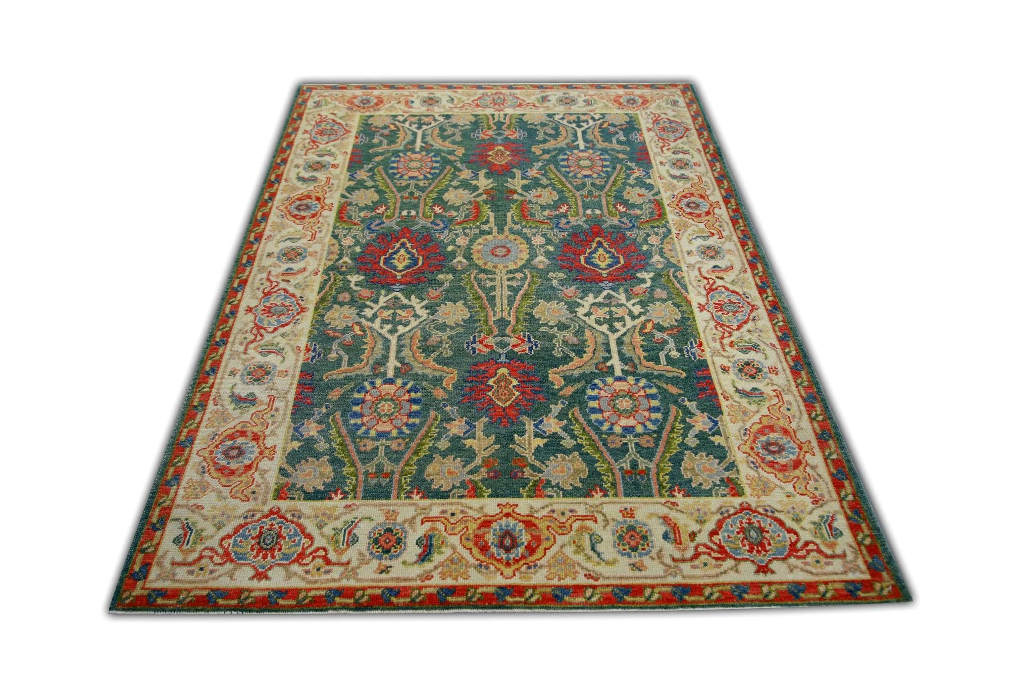 Contemporary Green & Red Floral Design Handwoven Wool Turkish Finewoven Oushak Rug 4'3 x 6'3 For Sale