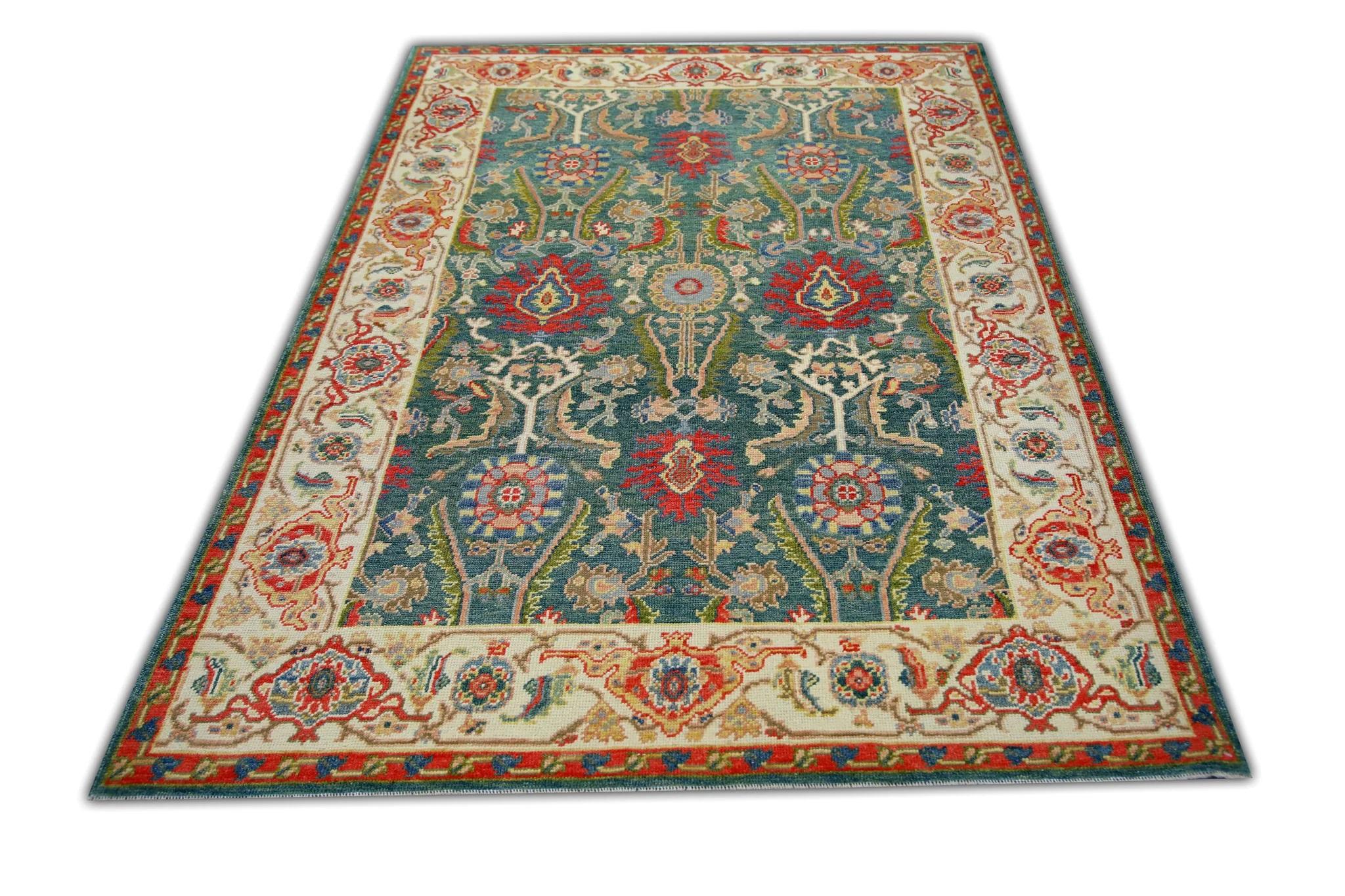 Contemporary Green & Red Floral Design Handwoven Wool Turkish Finewoven Oushak Rug 4'3 x 6'7 For Sale