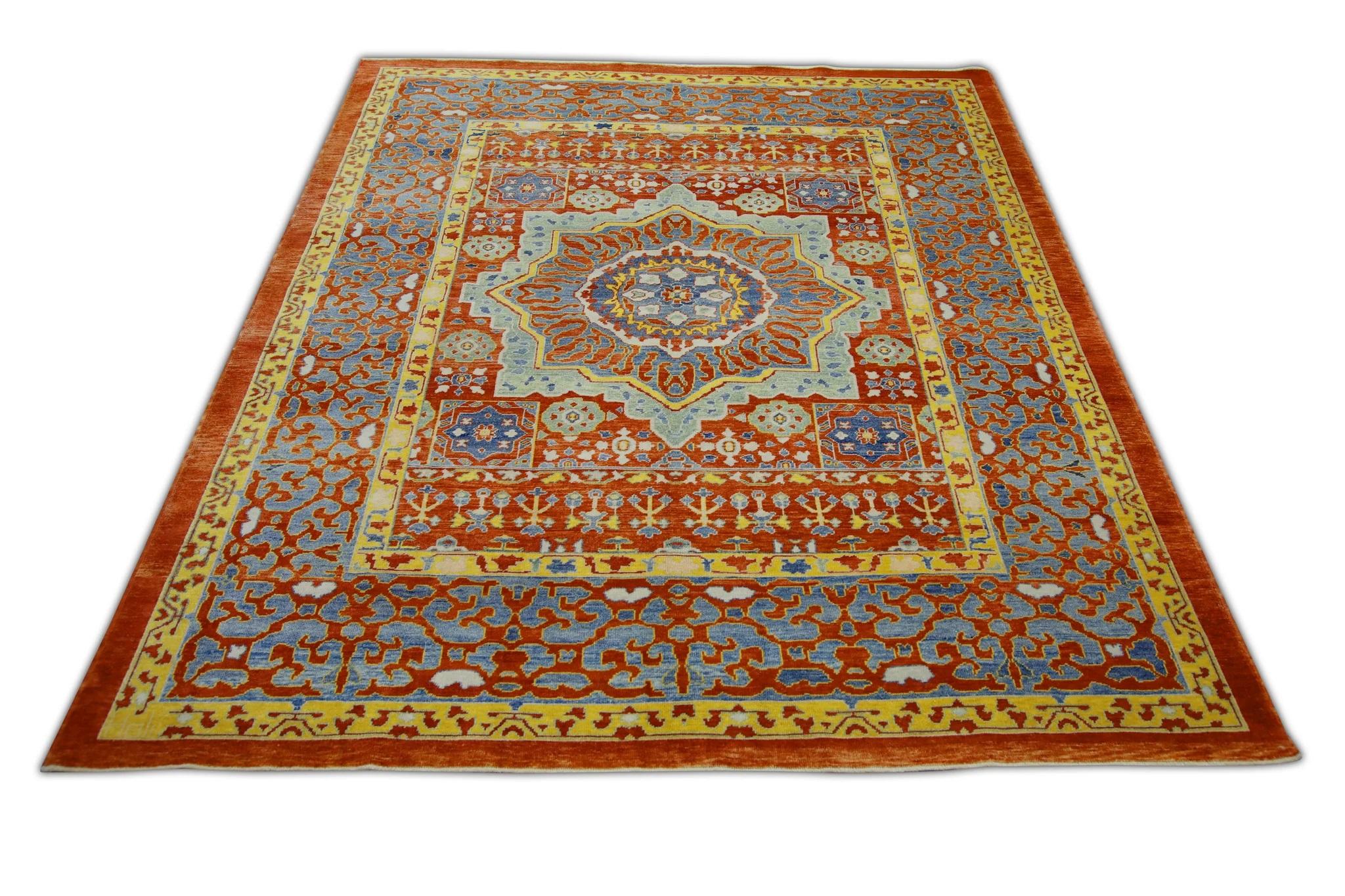 Floral Turkish Finewoven Wool Oushak Rug in Red, Blue, and Yellow 8'3