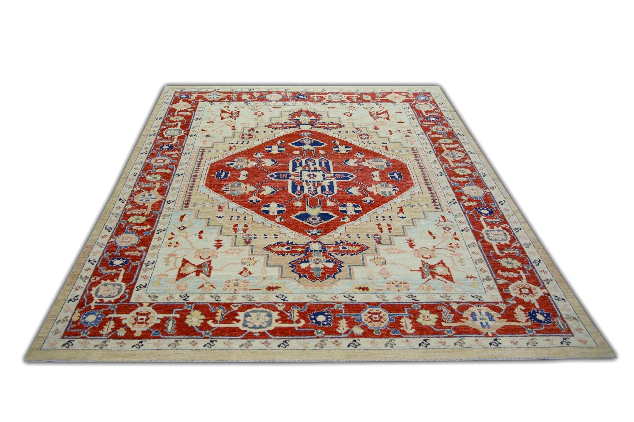 Alfombra Oushak Floral Turca de Lana Finewoven en Rojo Brillante y Azul 7'10