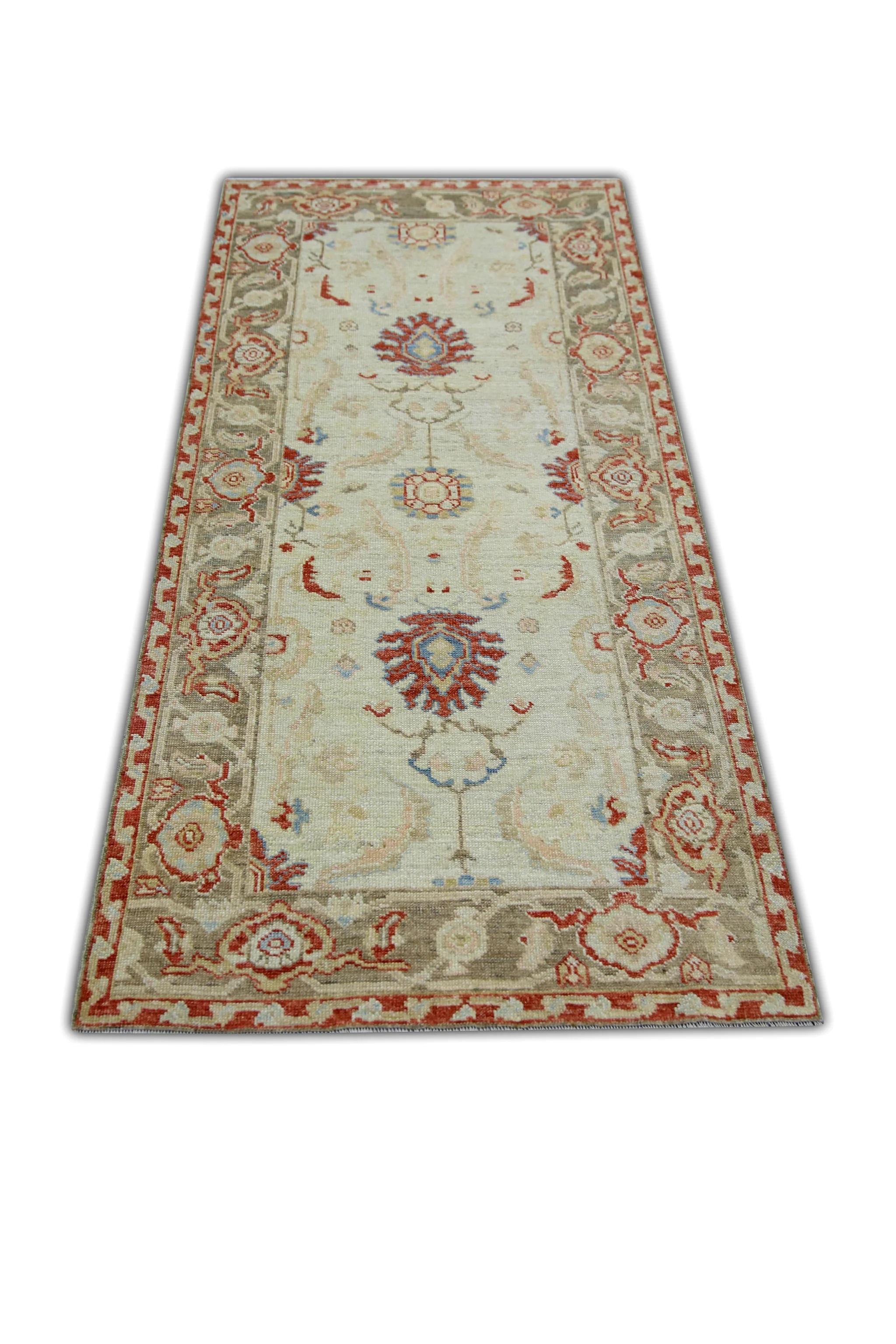 Floral Turkish Finewoven Wool Oushak Rug in Red, Cream, and Green 2'8