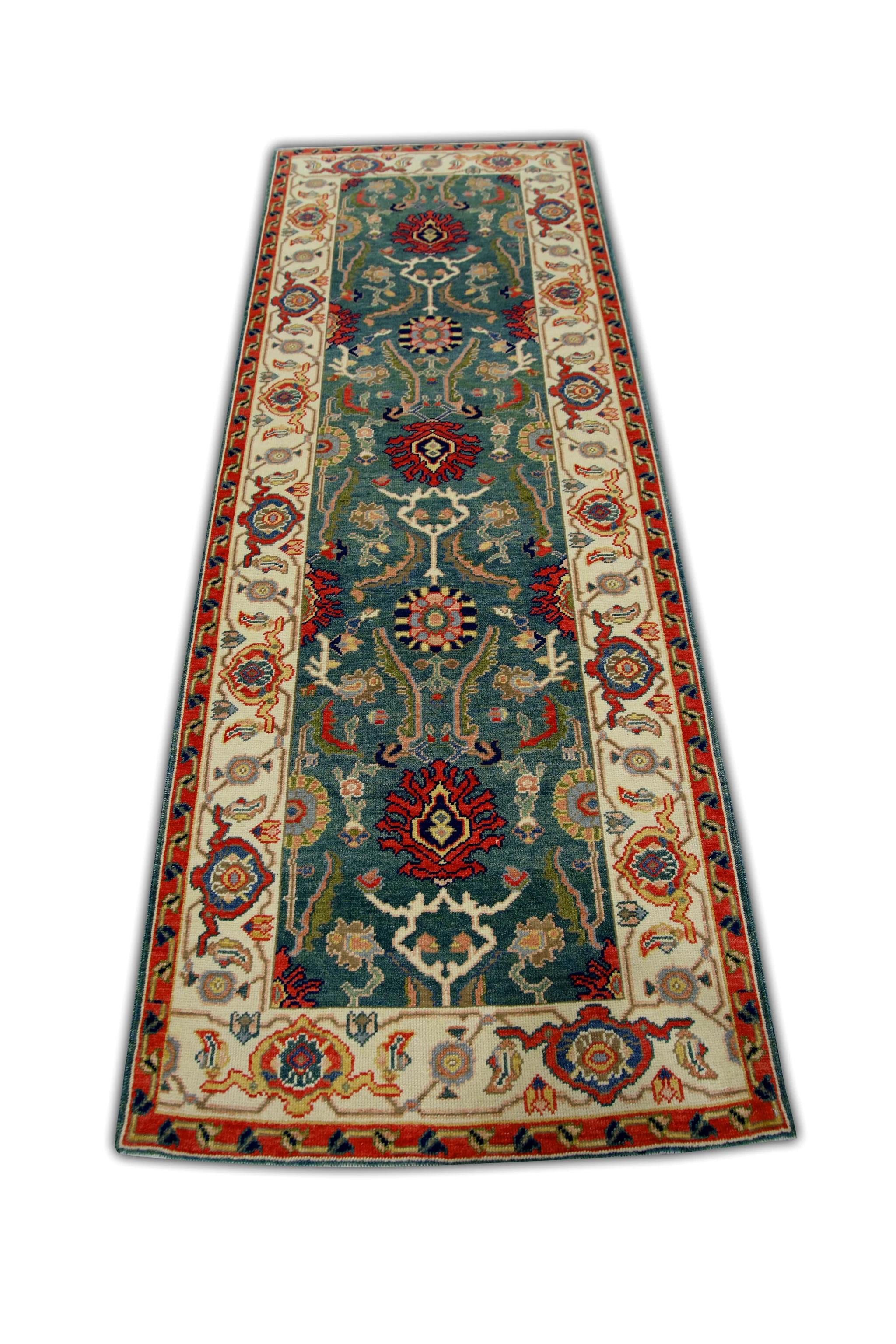 Floral Turkish Finewoven Wool Oushak Rug in Red, Green, and Blue 2'9