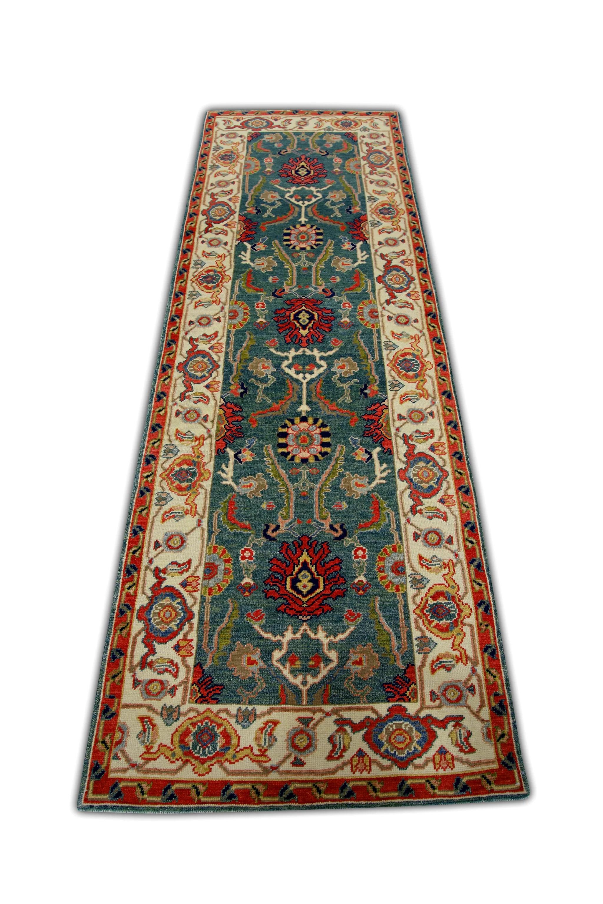 Cream, Green, and Red Floral Turkish Finewoven Wool Oushak Rug 2'7