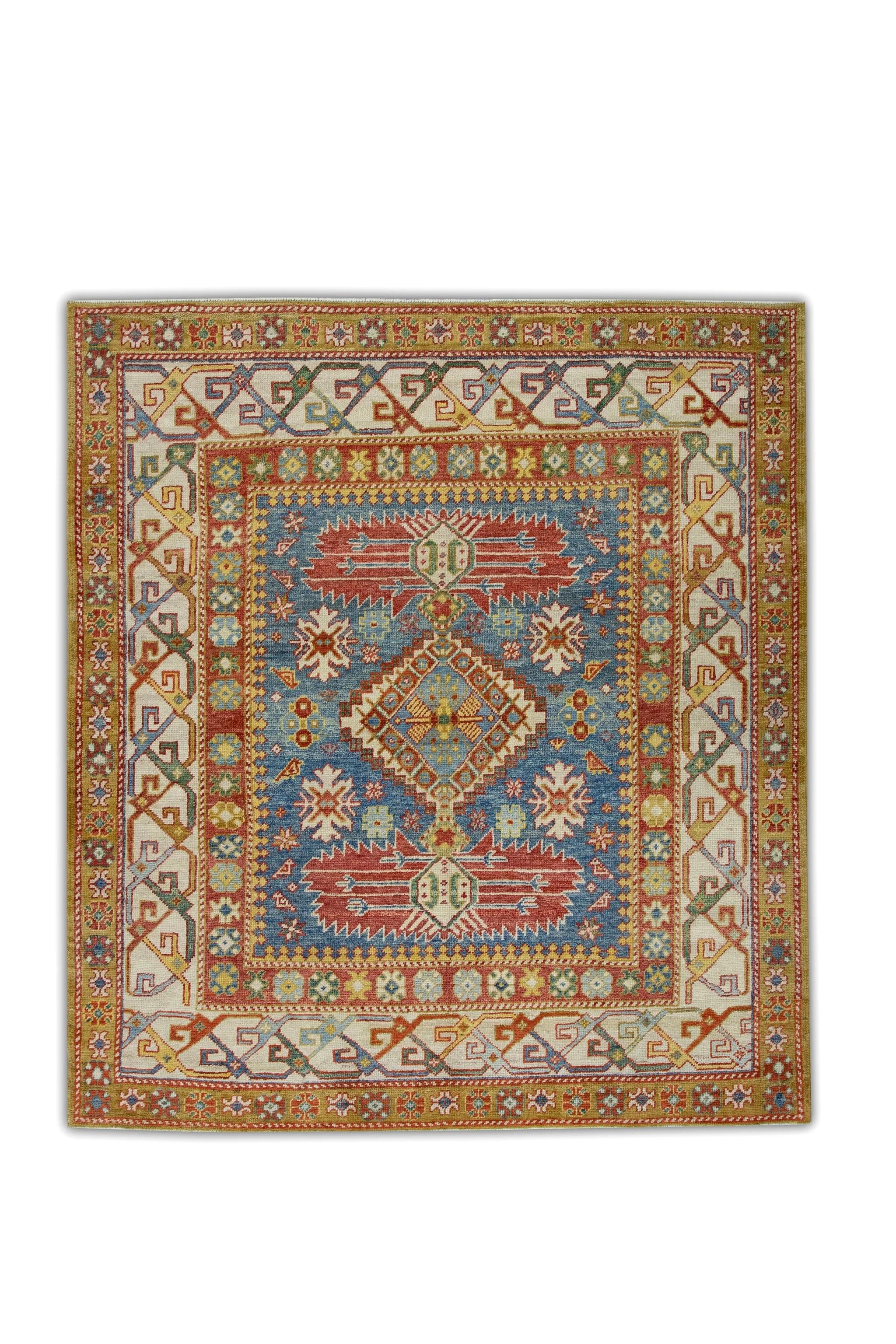 Blue Floral Design Handwoven Wool Turkish Finewoven Oushak Rug 4'10