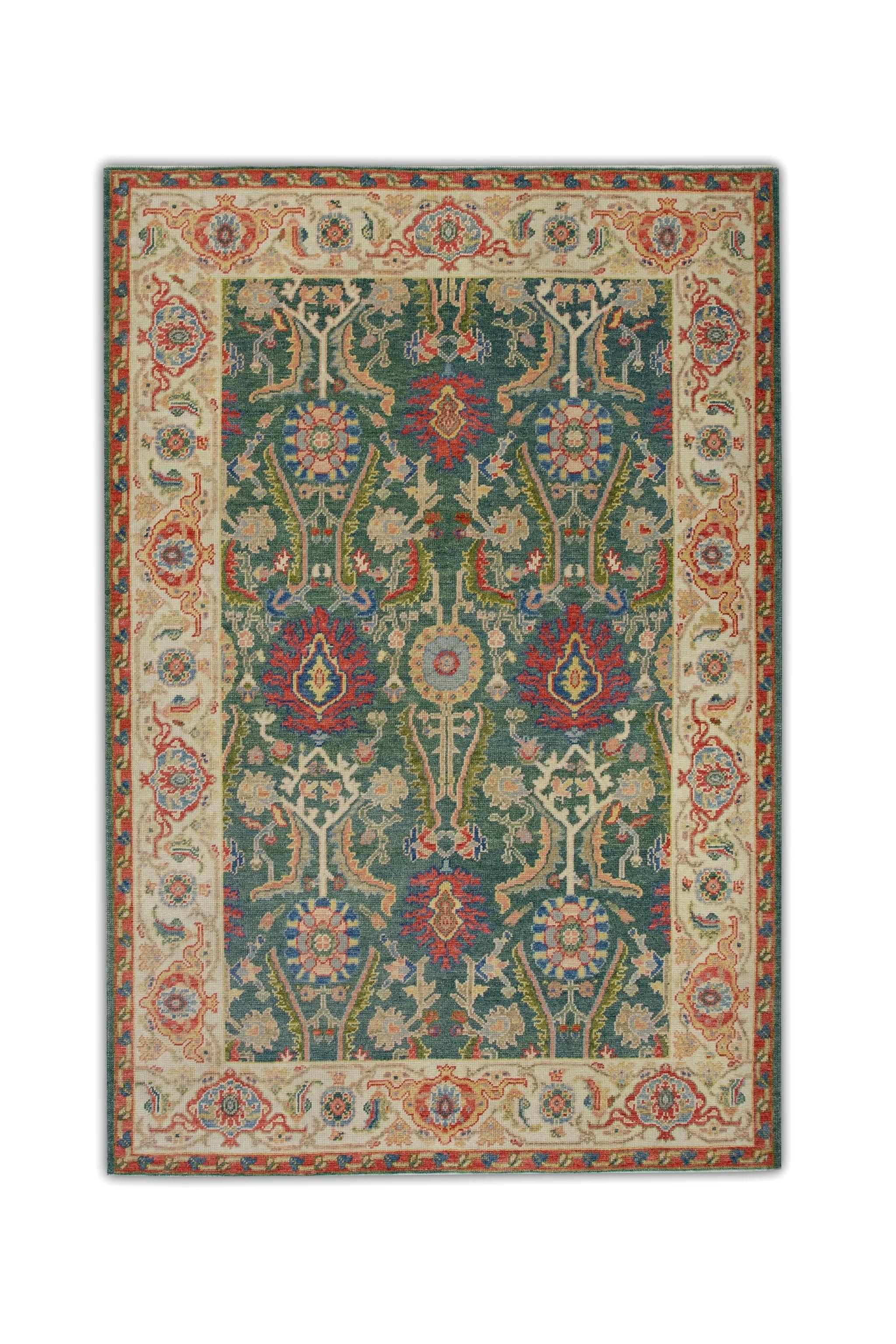 Green & Red Floral Design Handwoven Wool Turkish Finewoven Oushak Rug 4'3 x 6'3 For Sale 1