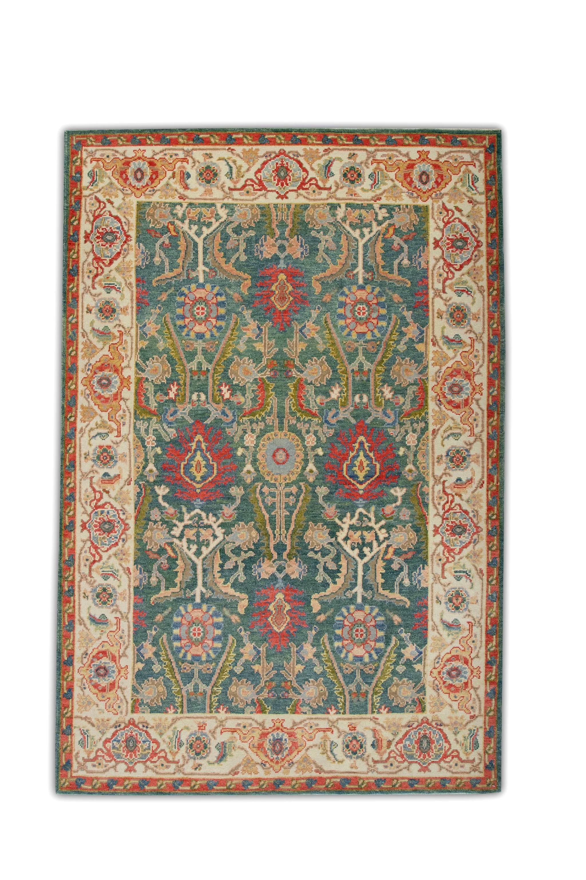 Green & Red Floral Design Handwoven Wool Turkish Finewoven Oushak Rug 4'3 x 6'7 For Sale 1