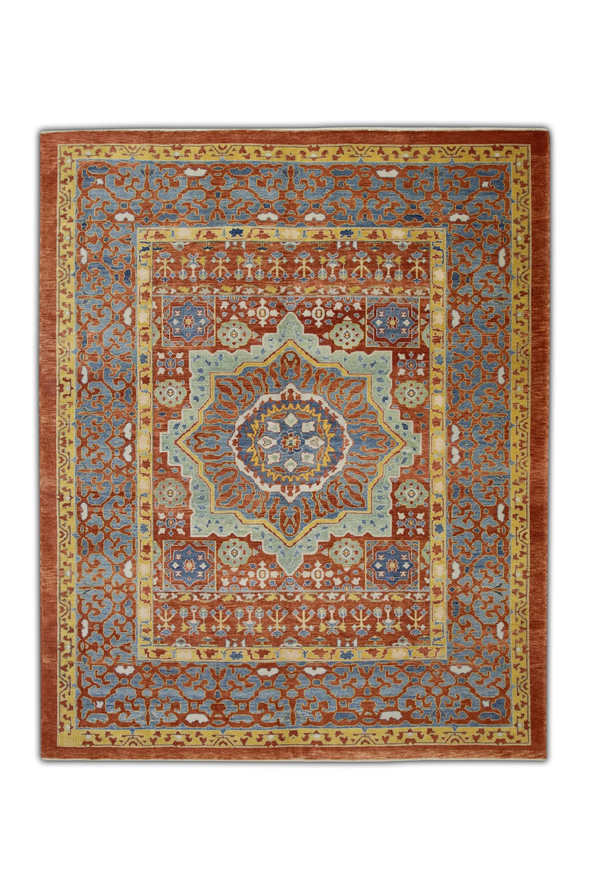 Floral Turkish Finewoven Wool Oushak Rug in Red, Blue, and Yellow 8'3