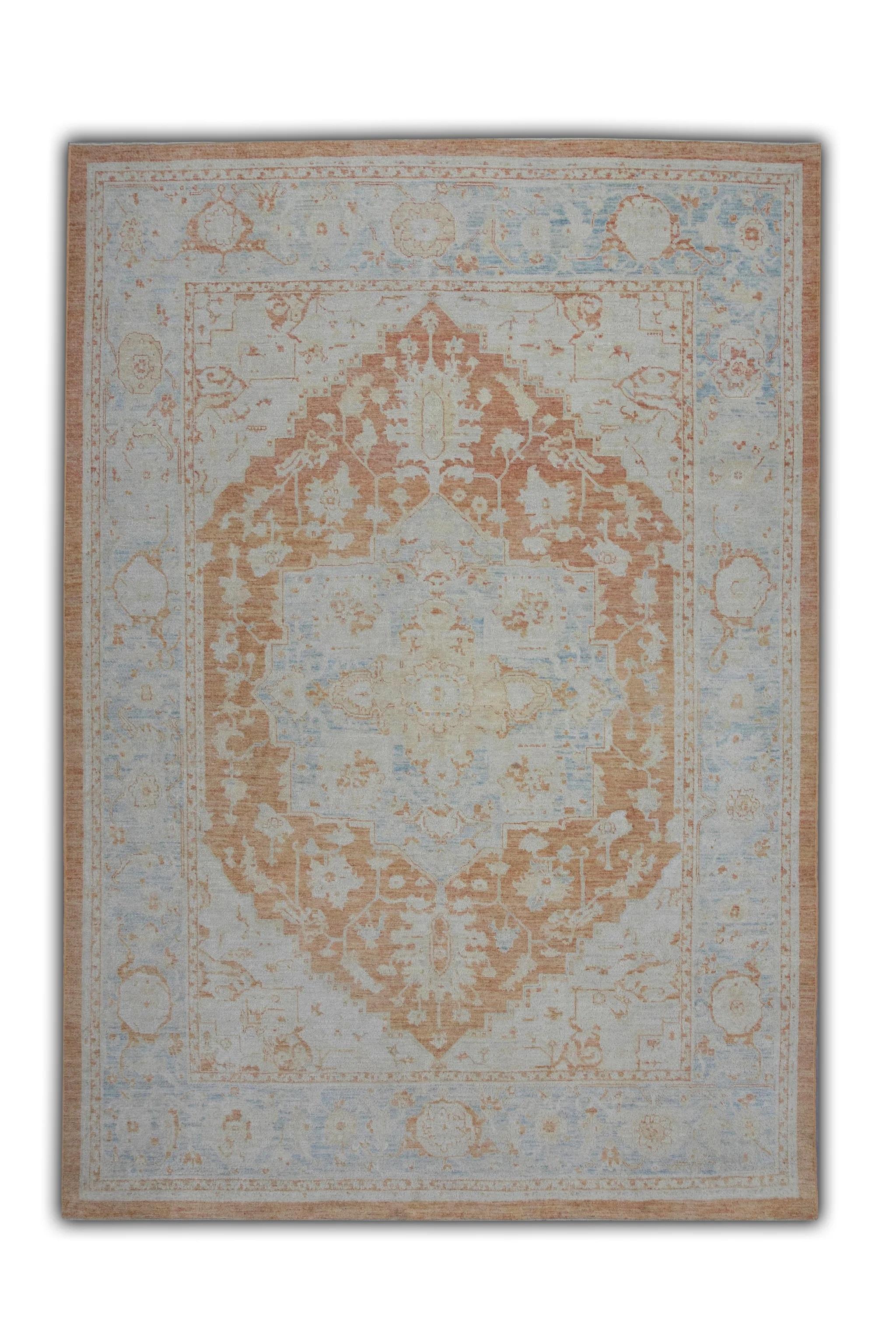 Floral Turkish Finewoven Wool Oushak Rug in Baby Blue and Salmon 7'9