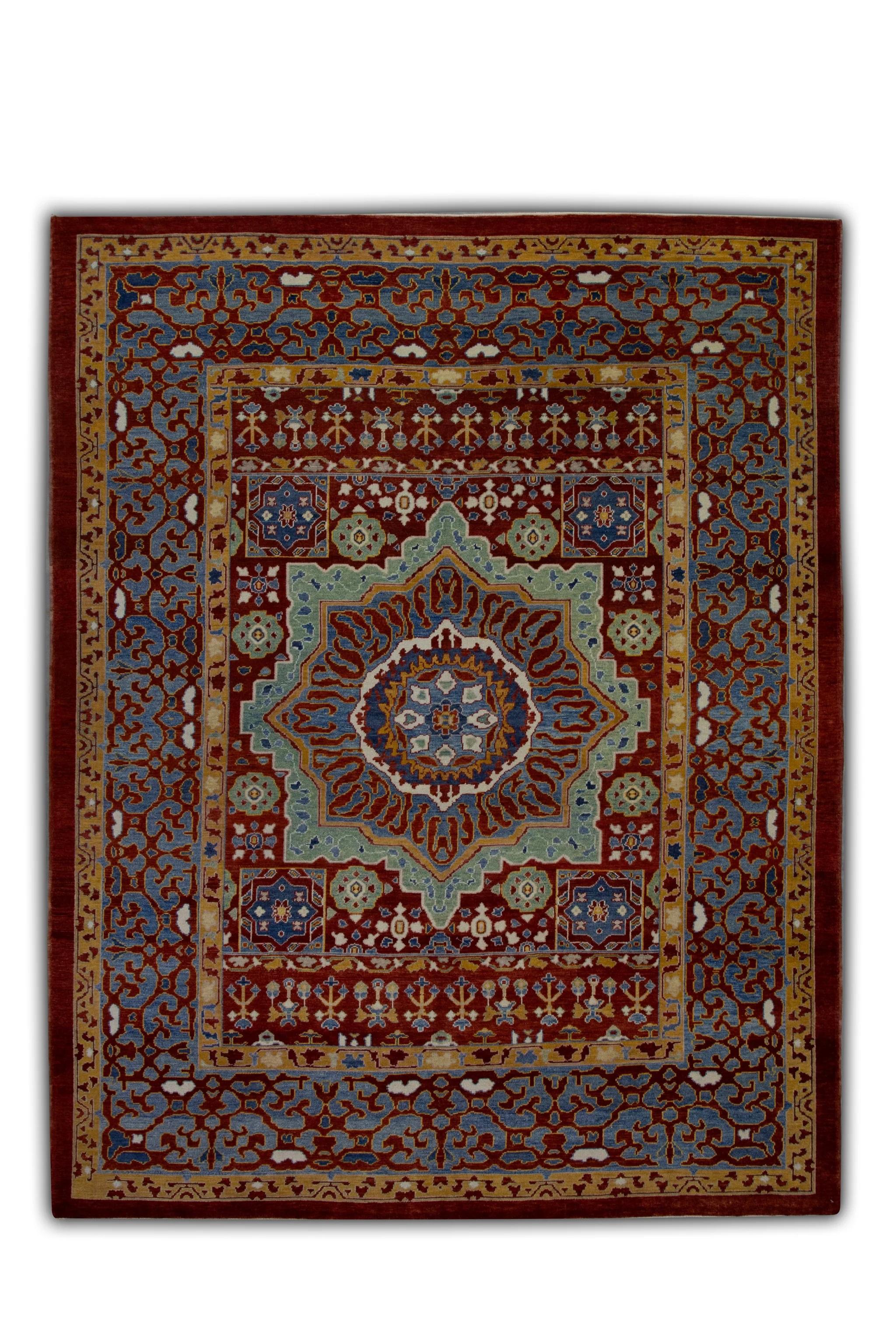 Red and Blue Floral Pattern Turkish Finewoven Wool Oushak Rug 8'2