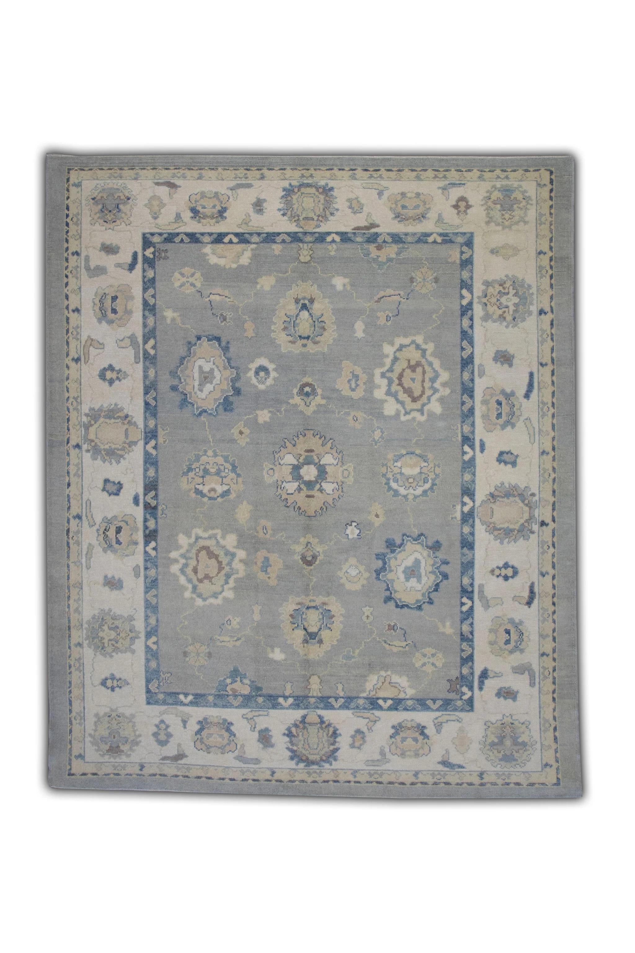 Handwoven Wool Floral Turkish Oushak Rug in Shades of Blue 9' x 10'6