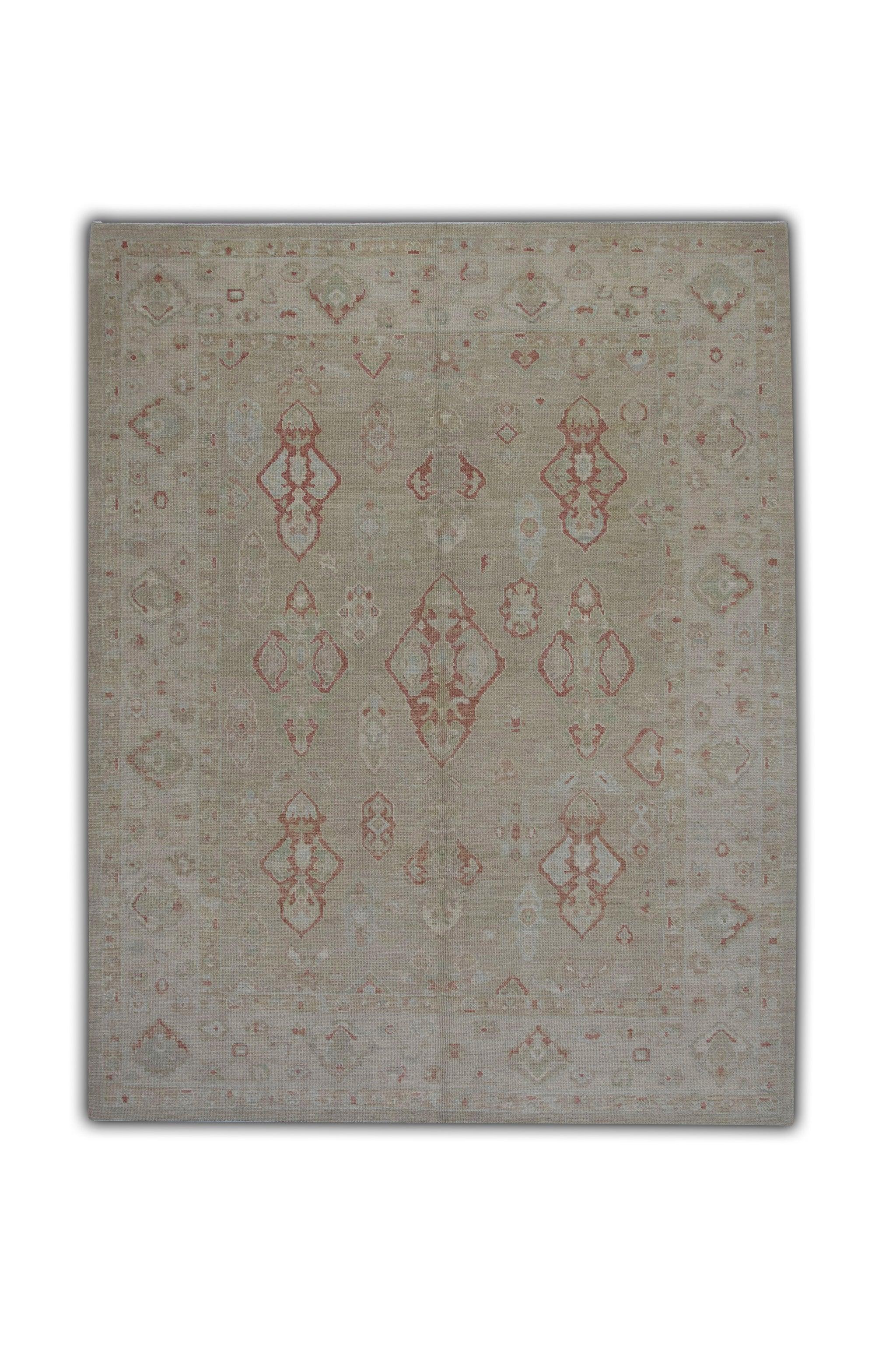 Green and Red Handwoven Wool Turkish Oushak Rug in Floral Pattern 7'11