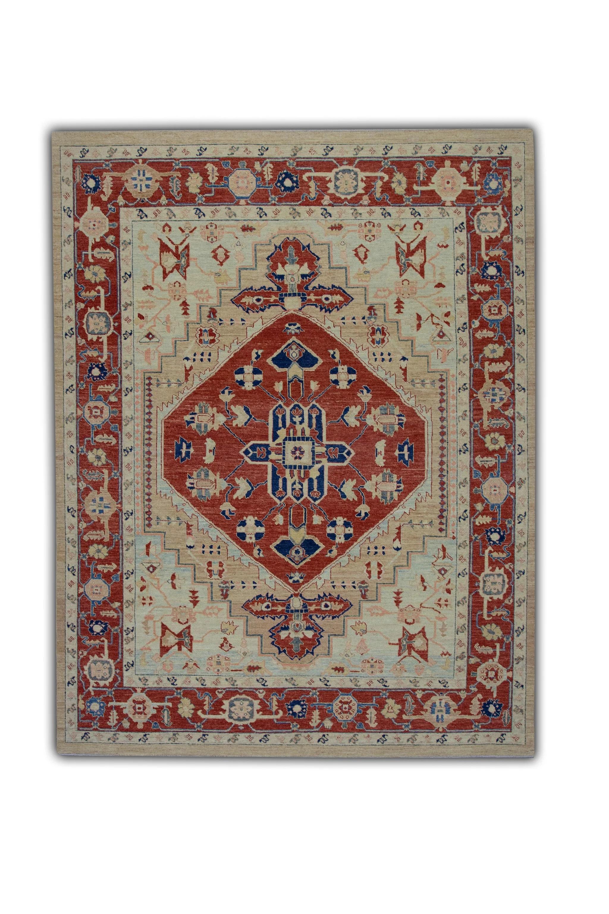 Floral Turkish Finewoven Wool Oushak Rug in Bright Red and Blue 7'10