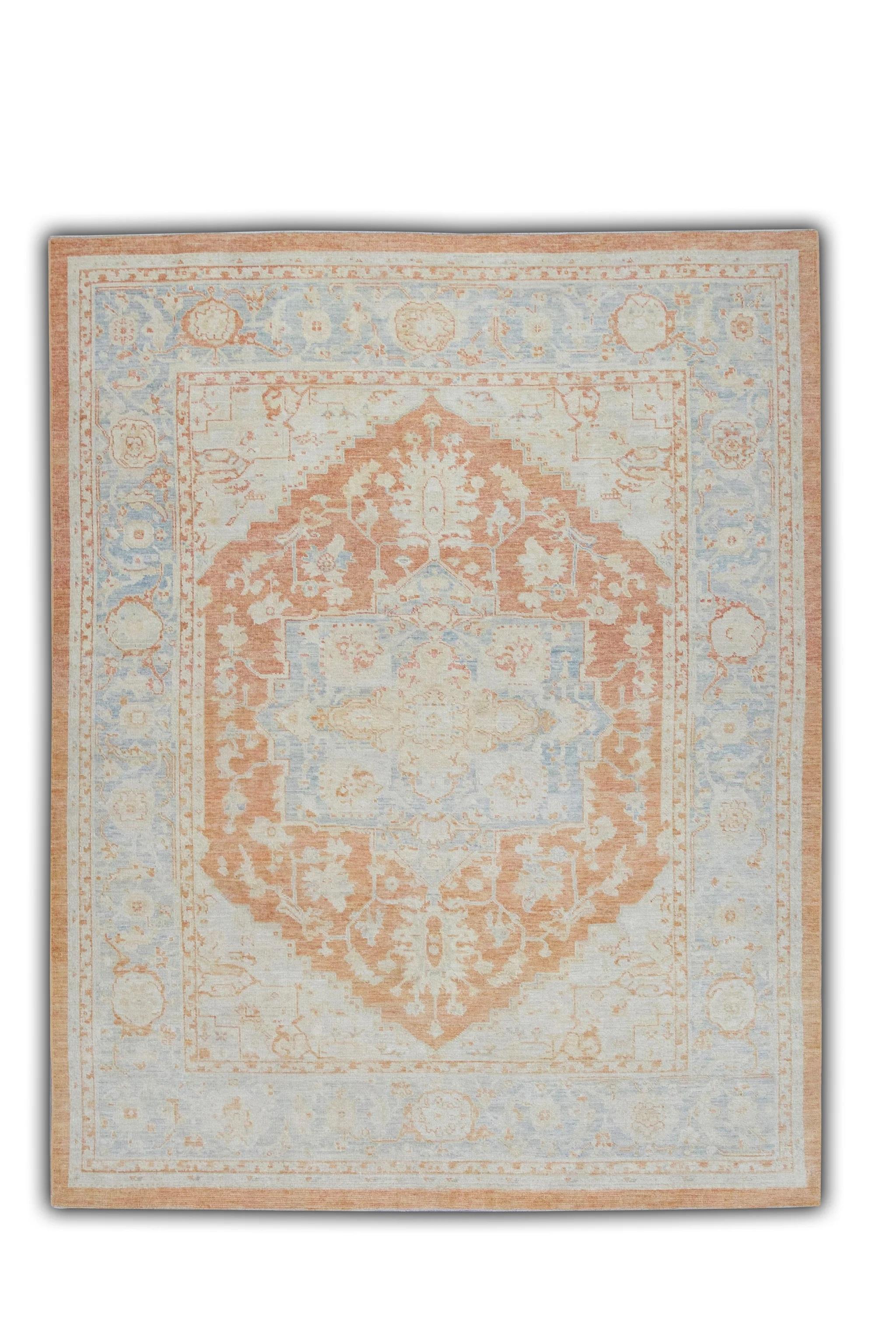 Floral Turkish Finewoven Wool Oushak Rug in Salmon Pink and Baby Blue 6'2