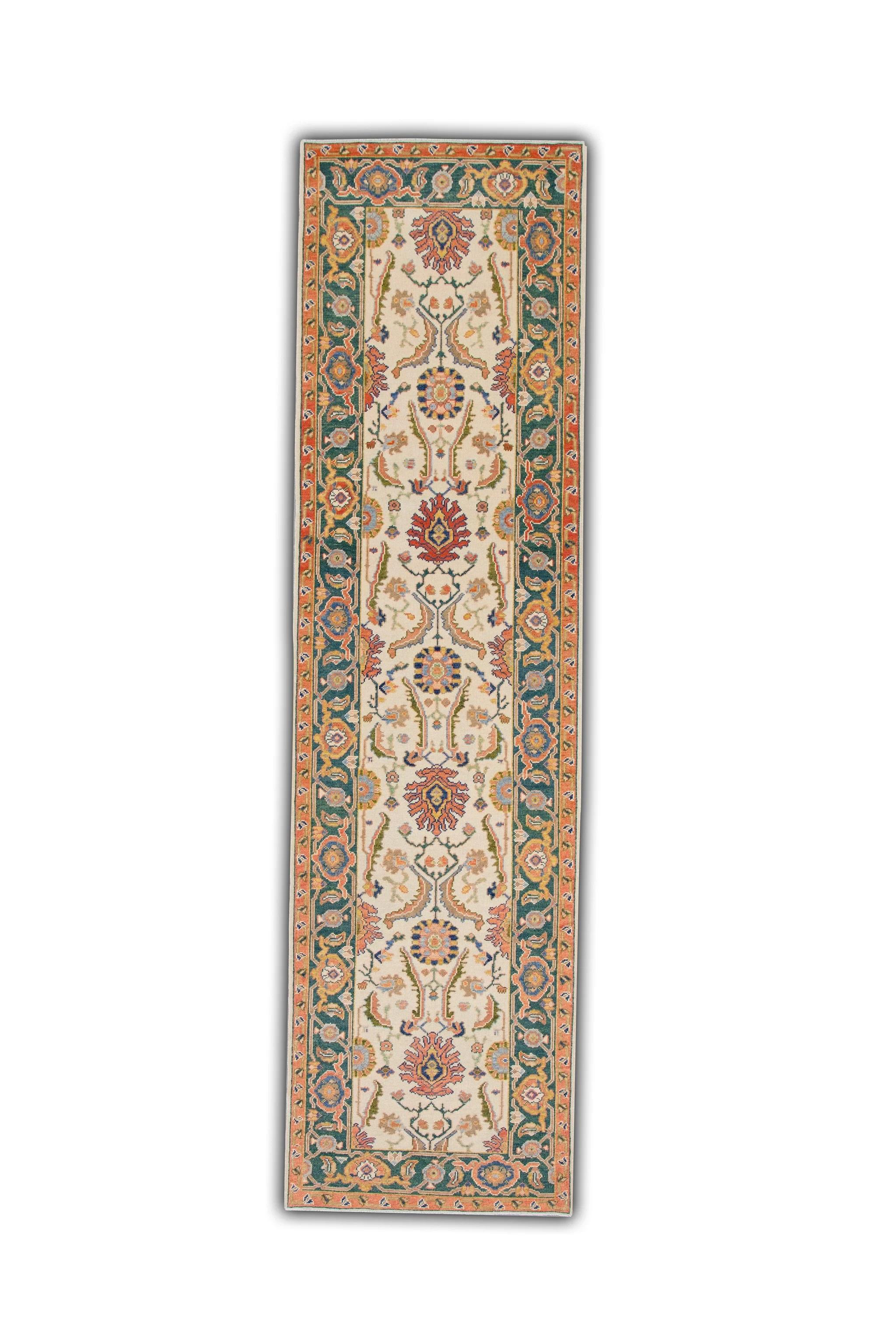 Floral Turkish Finewoven Wool Oushak Rug in Cream, Green, and Red 2'9