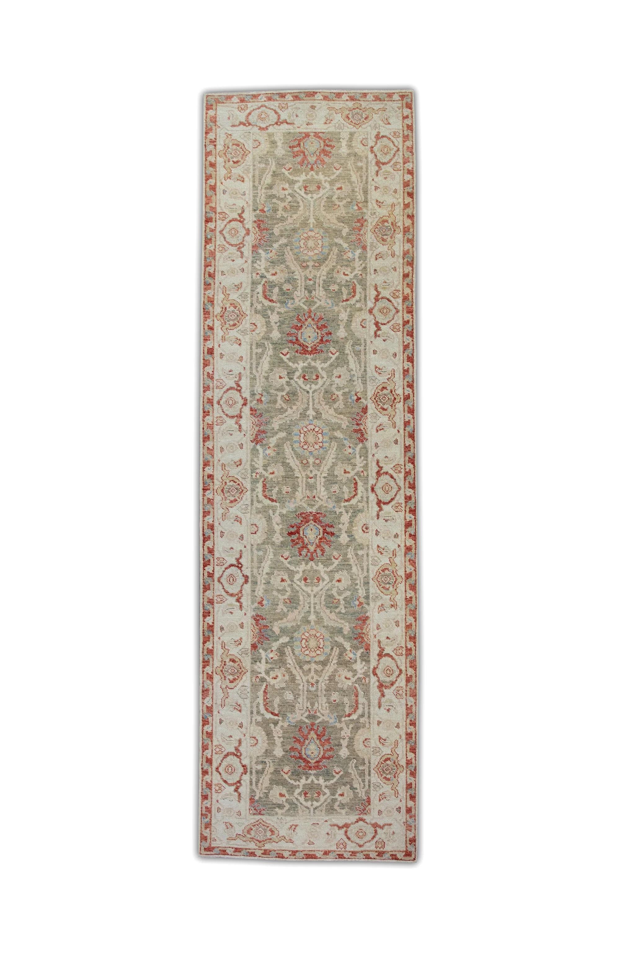 Red and Green Floral Turkish Finewoven Wool Oushak Rug 2'8