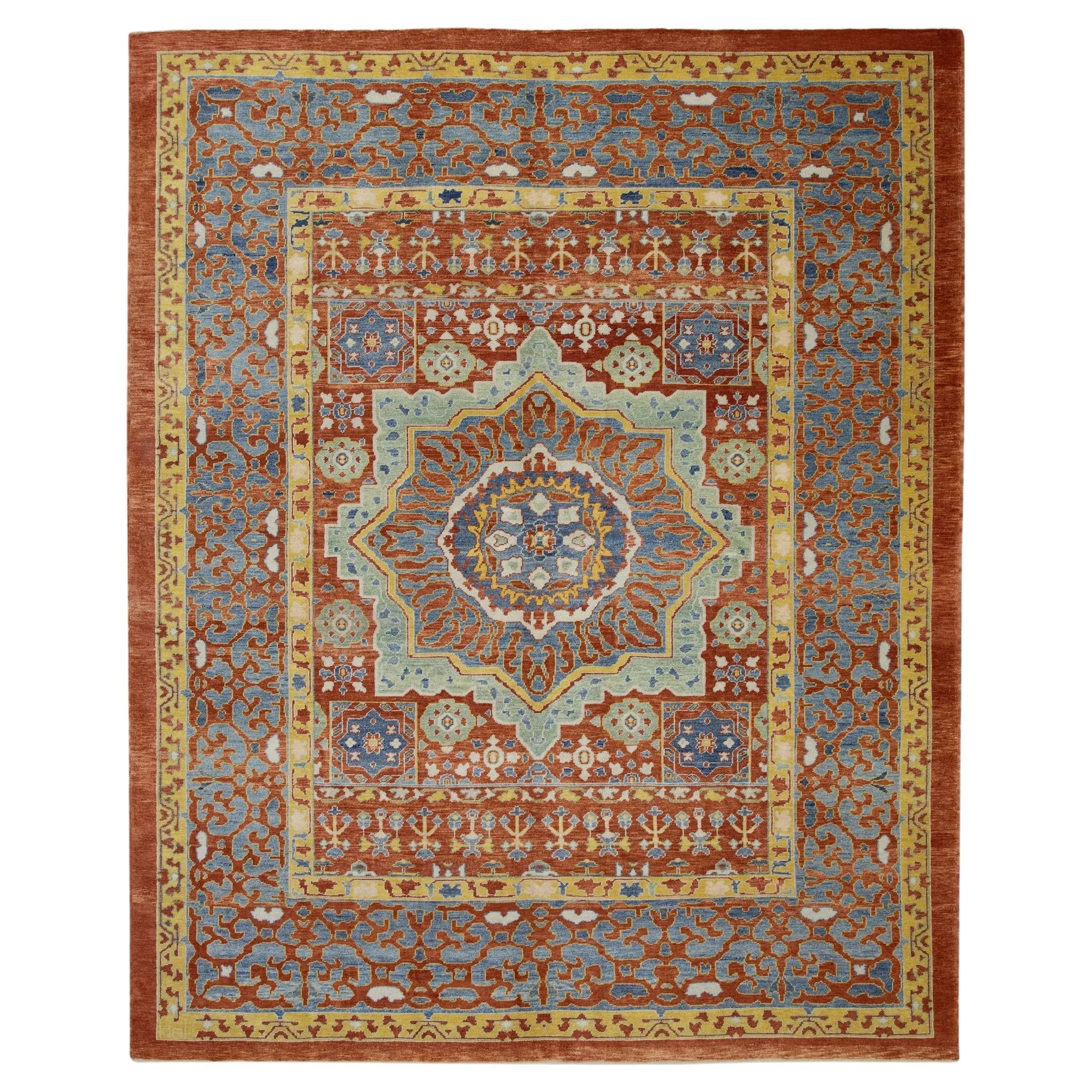 Floral Turkish Finewoven Wool Oushak Rug in Red, Blue, and Yellow 8'3" x 10'2"