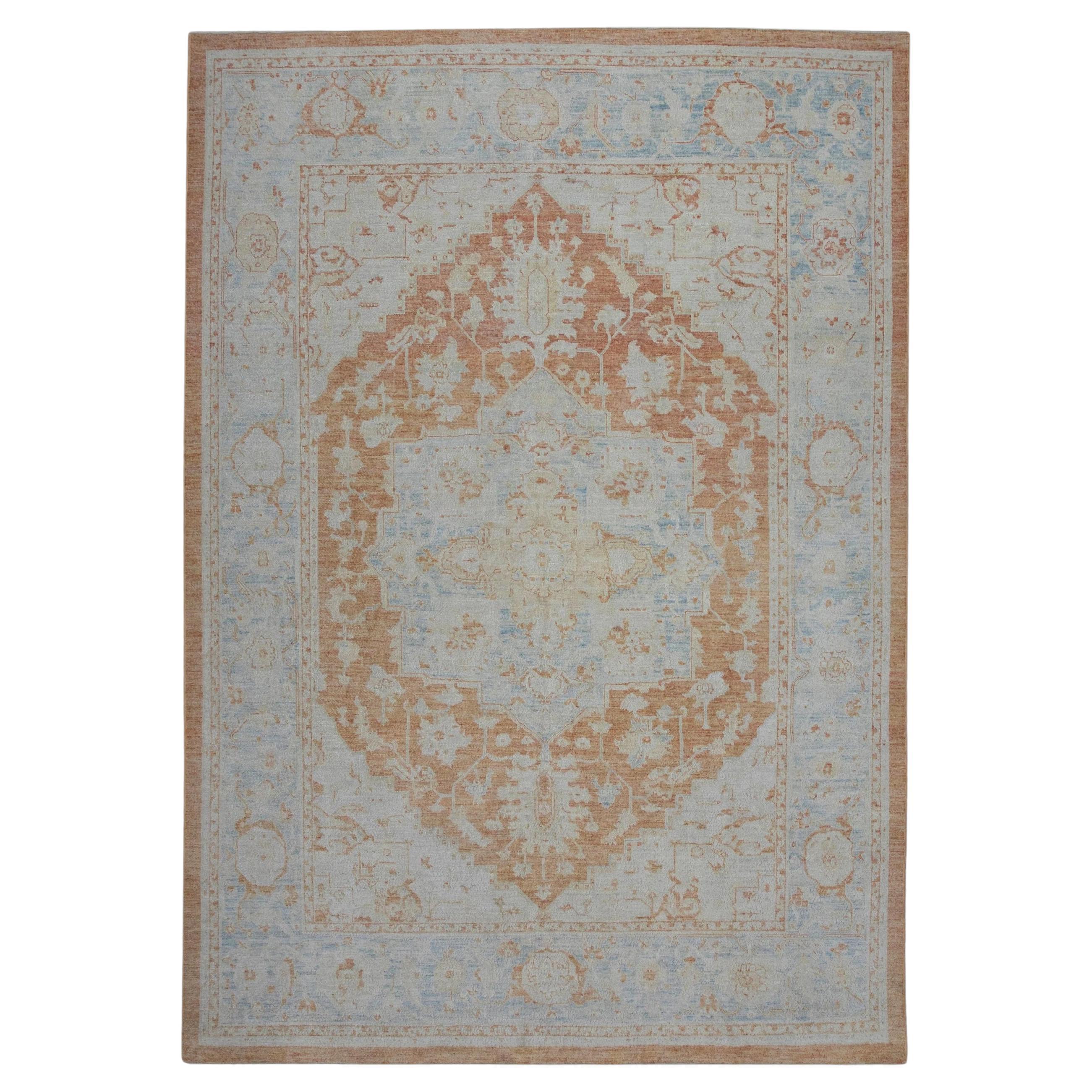 Floral Turkish Finewoven Wool Oushak Rug in Baby Blue and Salmon 7'9" x 10'6" For Sale