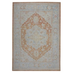 Floral Turkish Finewoven Wool Oushak Rug in Baby Blue and Salmon 7'9" x 10'6"