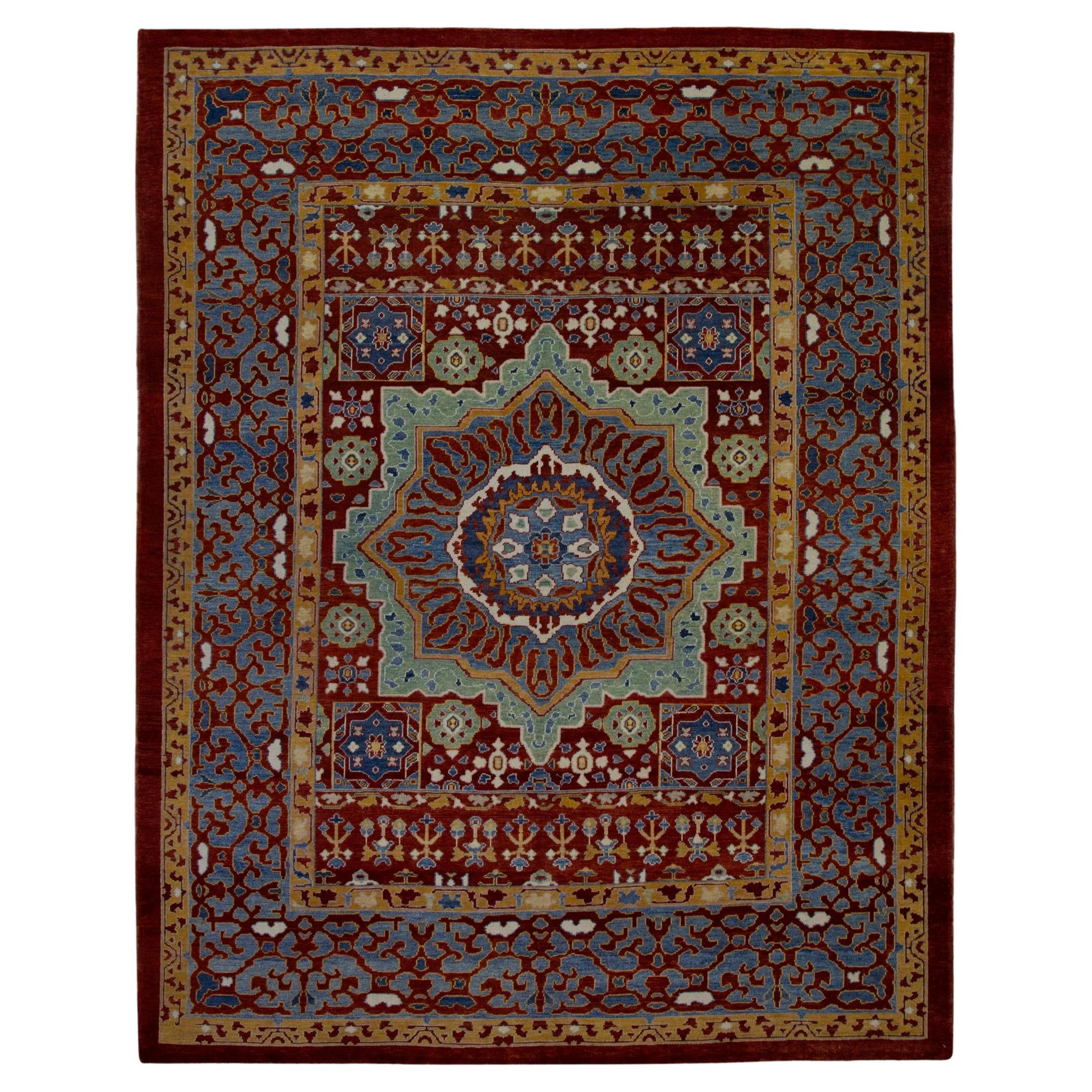 Red and Blue Floral Pattern Turkish Finewoven Wool Oushak Rug 8'2" x 10'  For Sale