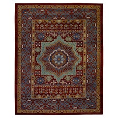 Red and Blue Floral Pattern Turkish Finewoven Wool Oushak Rug 8'2" x 10' 