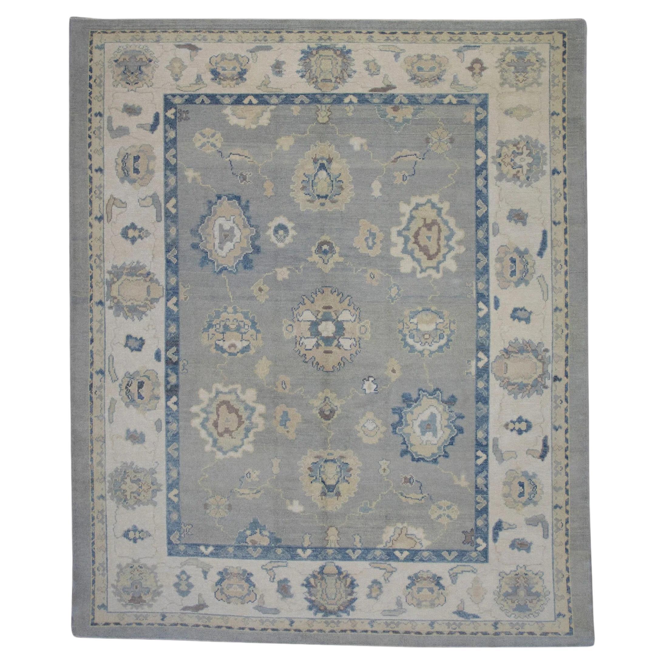 Handwoven Wool Floral Turkish Oushak Rug in Shades of Blue 9' x 10'6" For Sale