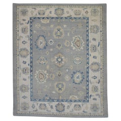 Handwoven Wool Floral Turkish Oushak Rug in Shades of Blue 9' x 10'6"