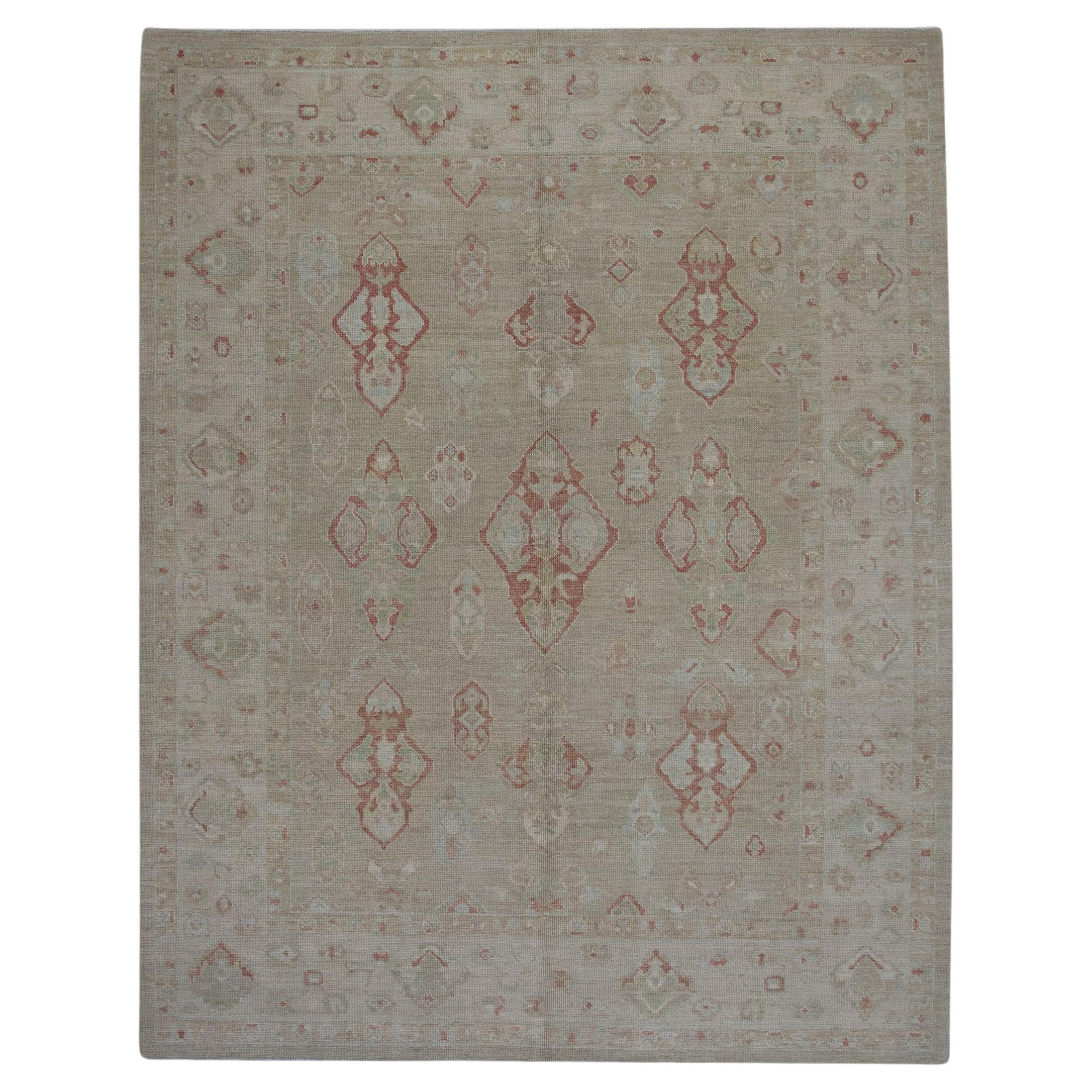 Green and Red Handwoven Wool Turkish Oushak Rug in Floral Pattern 7'11" x 10'1" For Sale