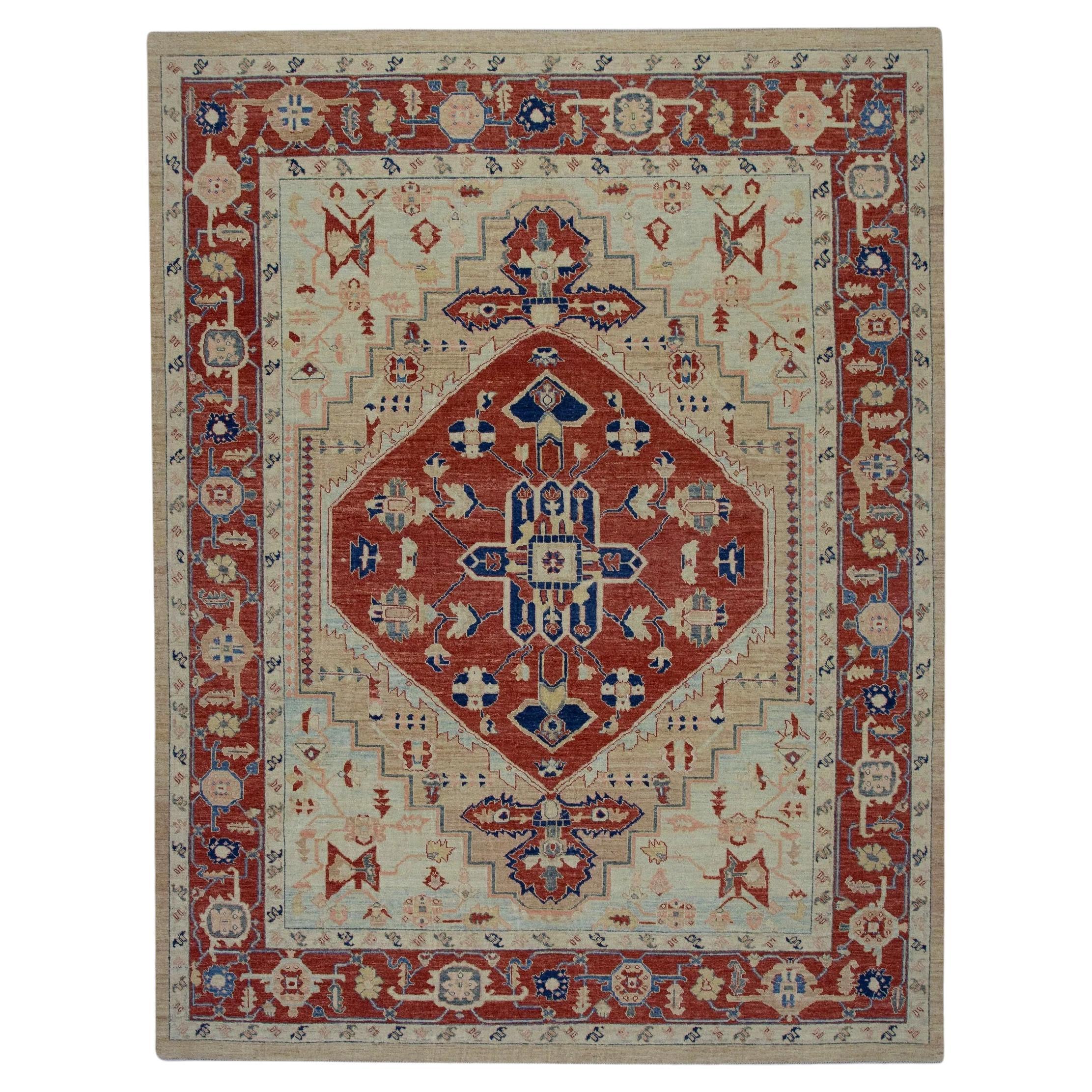 Floral Turkish Finewoven Wool Oushak Rug in Bright Red and Blue 7'10" x 10' For Sale