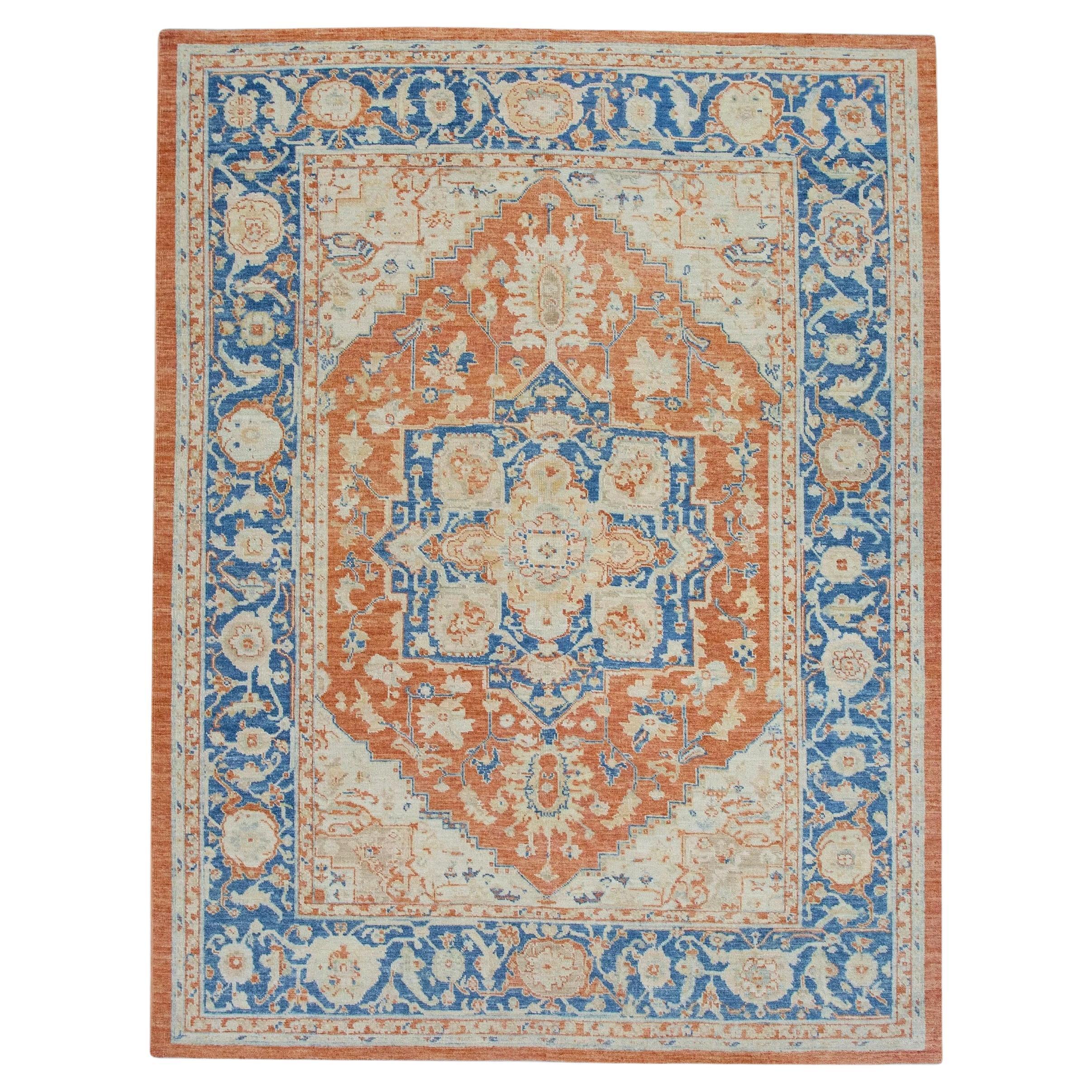 Floral Turkish Finewoven Wool Oushak Rug in Blue and Orange 6'3" x 8'1"