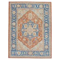 Floral Turkish Finewoven Wool Oushak Rug in Blue and Orange 6'3" x 8'1"