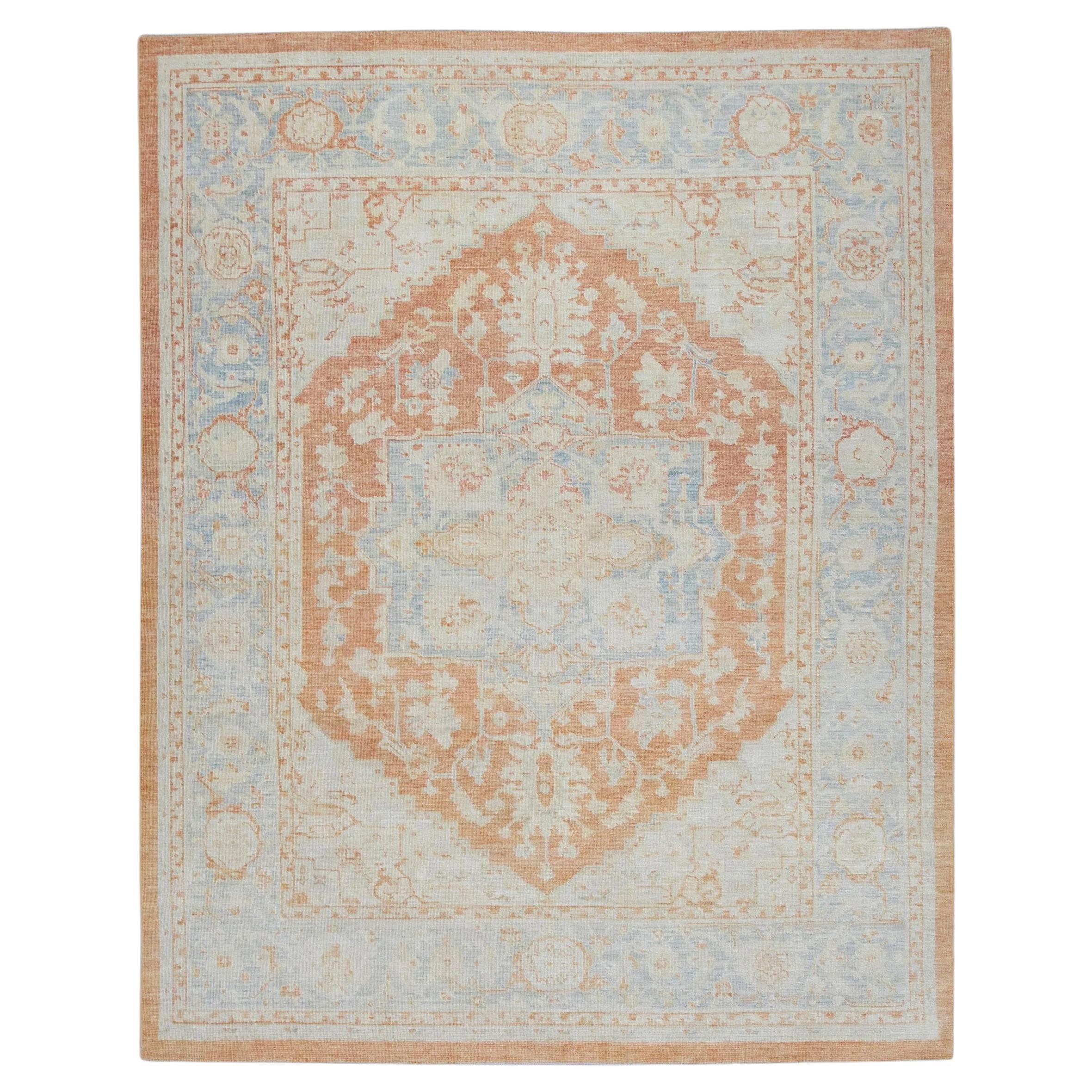 Floral Turkish Finewoven Wool Oushak Rug in Salmon Pink and Baby Blue 6'2" x 8' For Sale