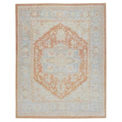 Tapis turc en laine finement tissée à fleurs d'Oushak en rose saumon et bleu bébé de 6'2" x 8'