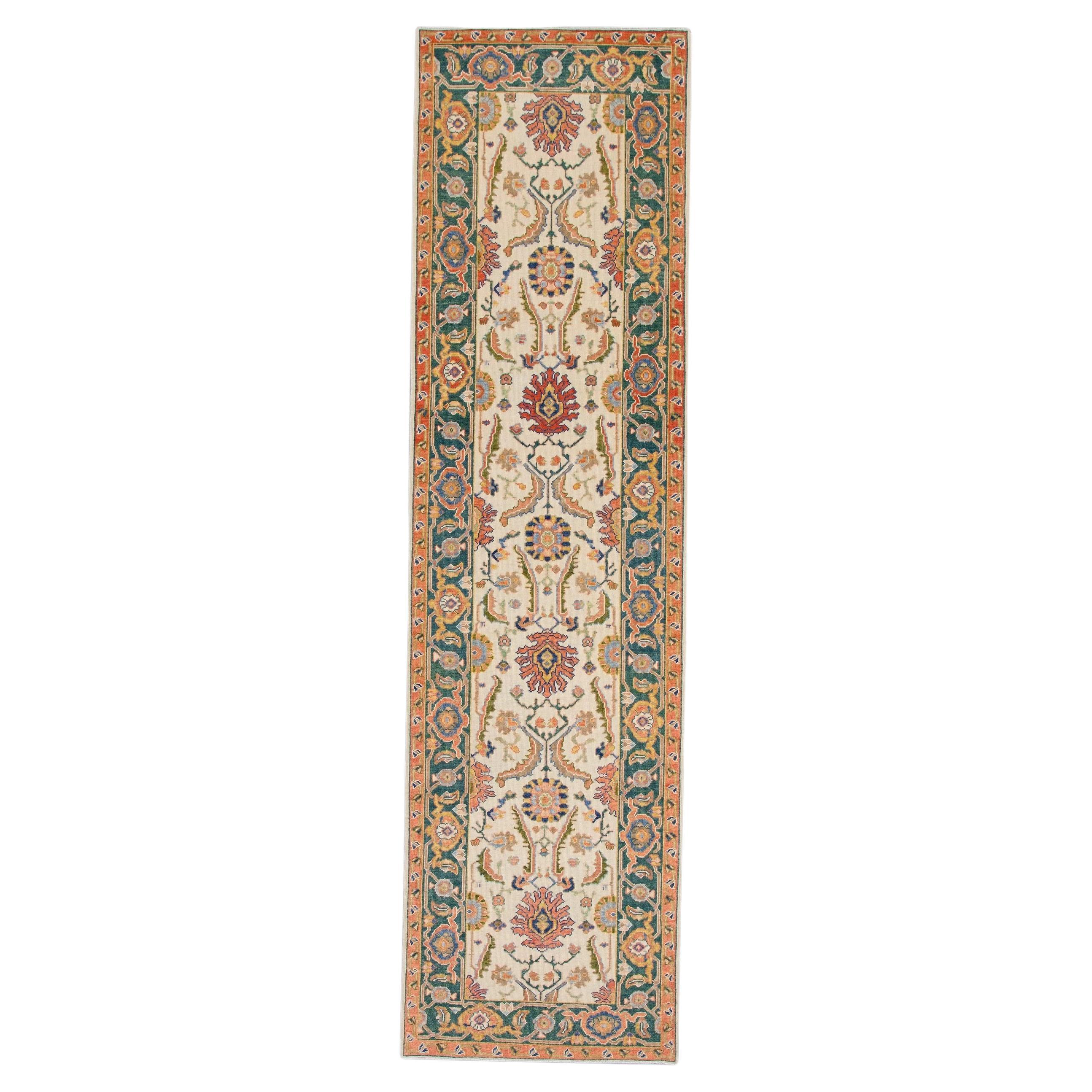 Floral Turkish Finewoven Wool Oushak Rug in Cream, Green, and Red 2'9" x 10'5" For Sale