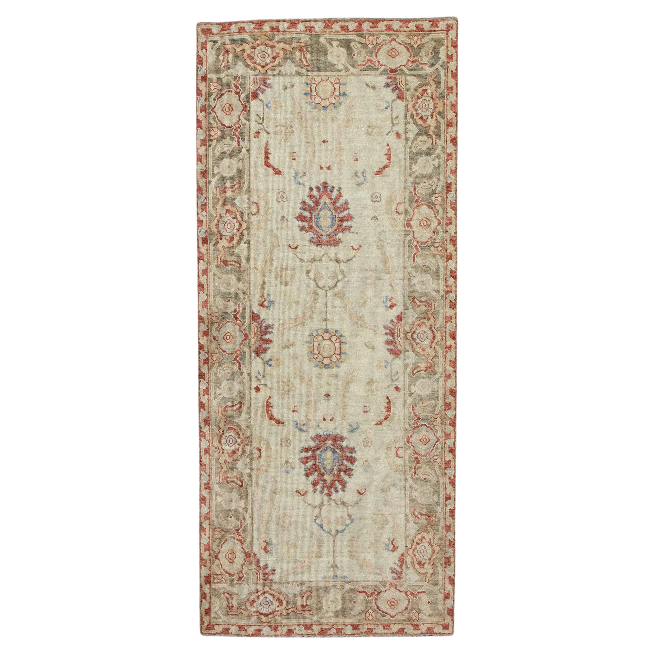 Floral Turkish Finewoven Wool Oushak Rug in Red, Cream, and Green 2'8" x 6'2" For Sale