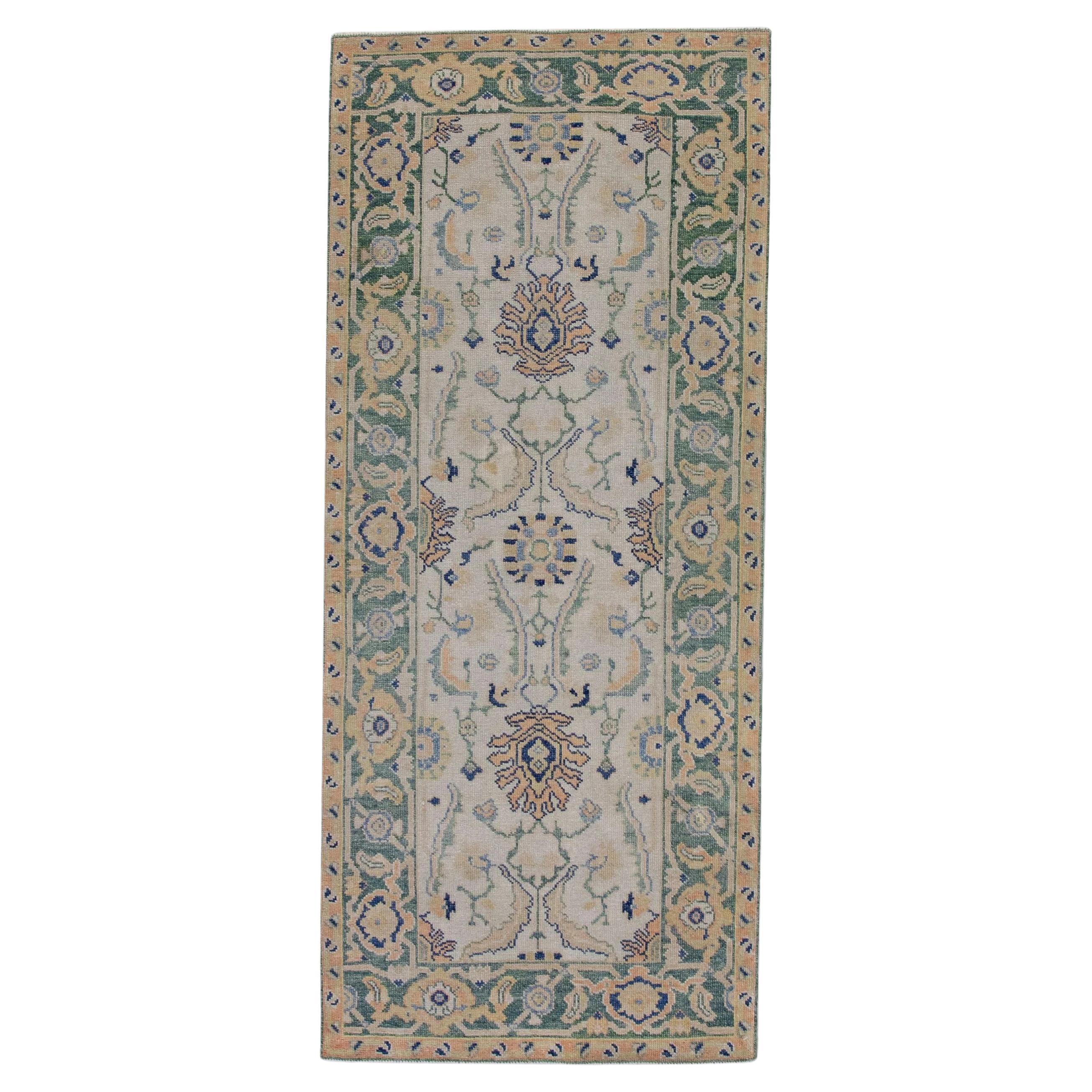 Floral Turkish Finewoven Wool Oushak Rug in Green and Yellow 2'8" x 5'11"