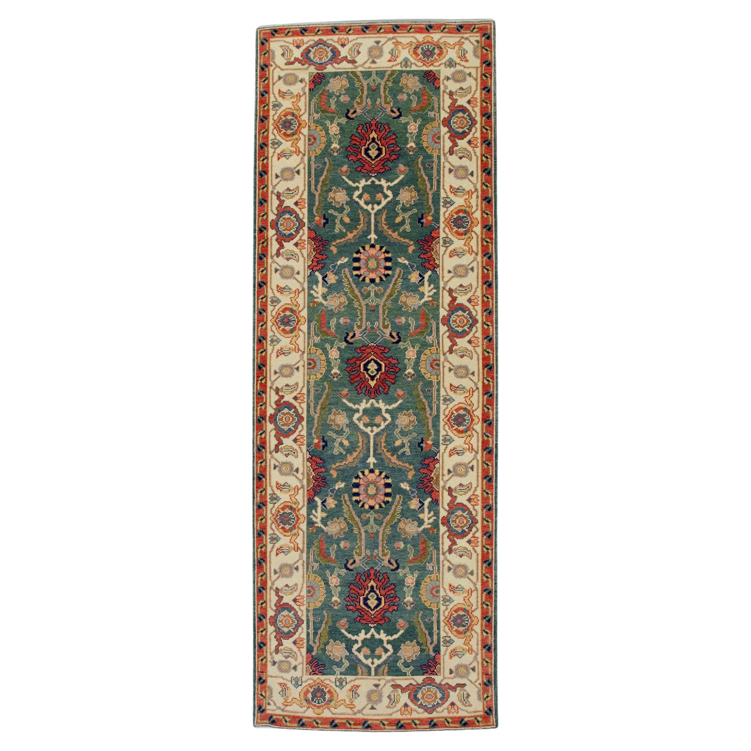 Floral Turkish Finewoven Wool Oushak Rug in Red, Green, and Blue 2'9" x 8' For Sale