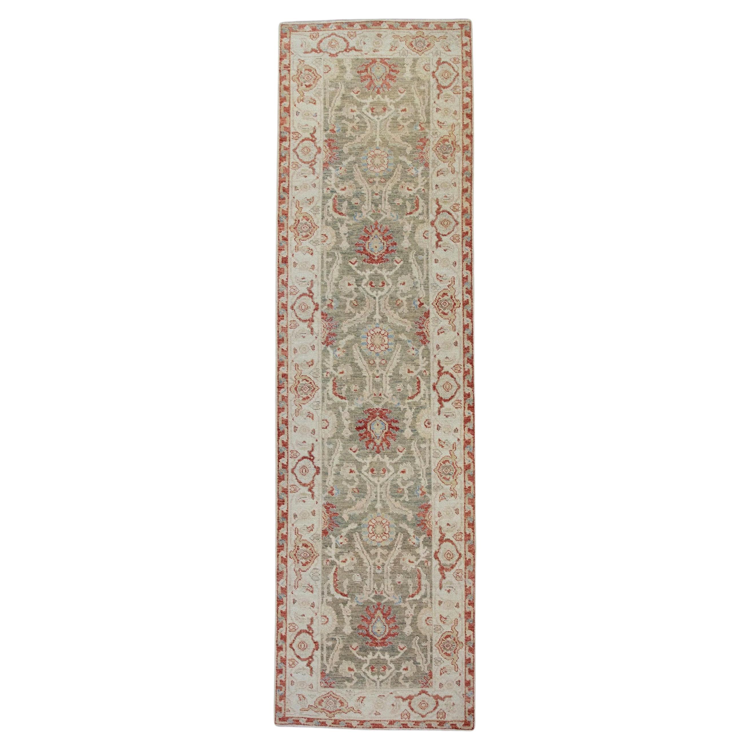 Red and Green Floral Turkish Finewoven Wool Oushak Rug 2'8" x 9'6" For Sale