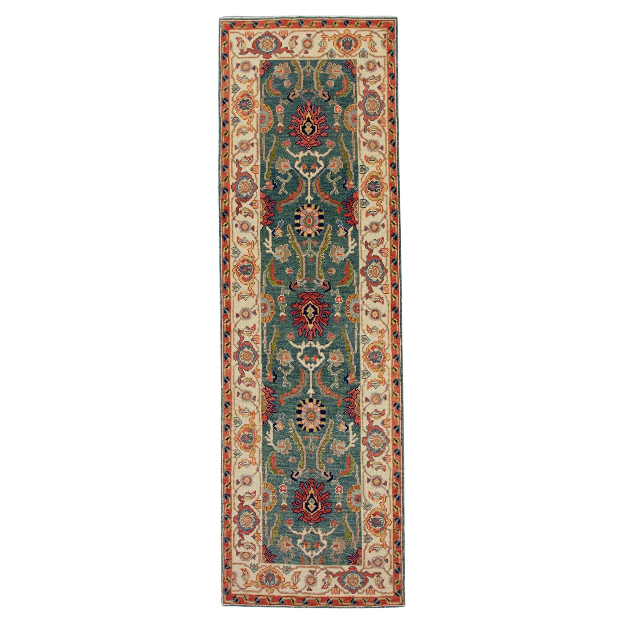 Cream, Green, and Red Floral Turkish Finewoven Wool Oushak Rug 2'7" x 8'5" For Sale
