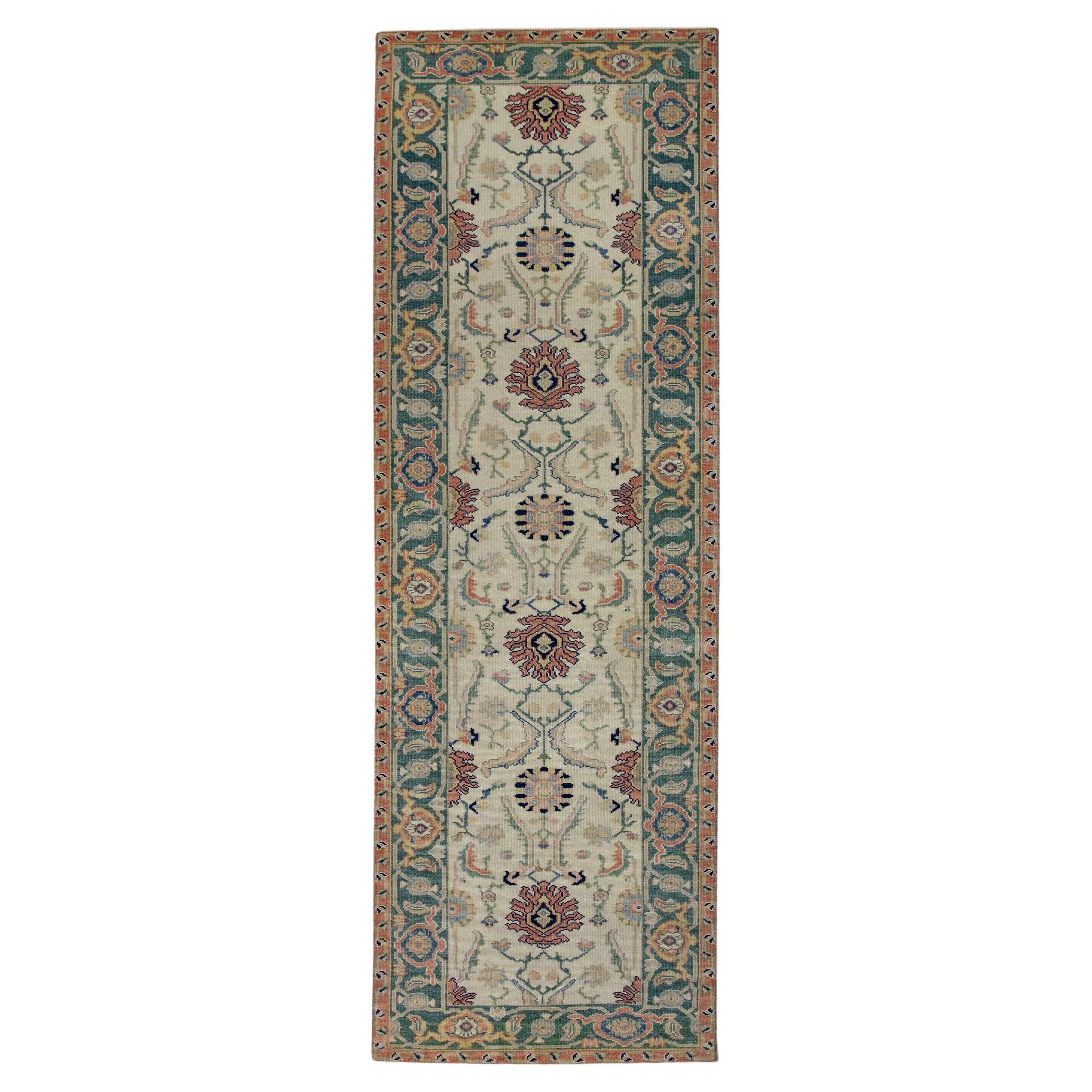 Floral Wool Turkish Finewoven Oushak Rug in Red, Cream, and Green 2'7" x 9'6" For Sale