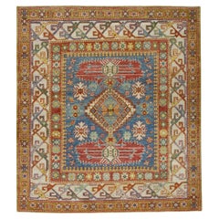 Blue Floral Design Handwoven Wool Turkish Finewoven Oushak Rug 4'10" x 5'1"